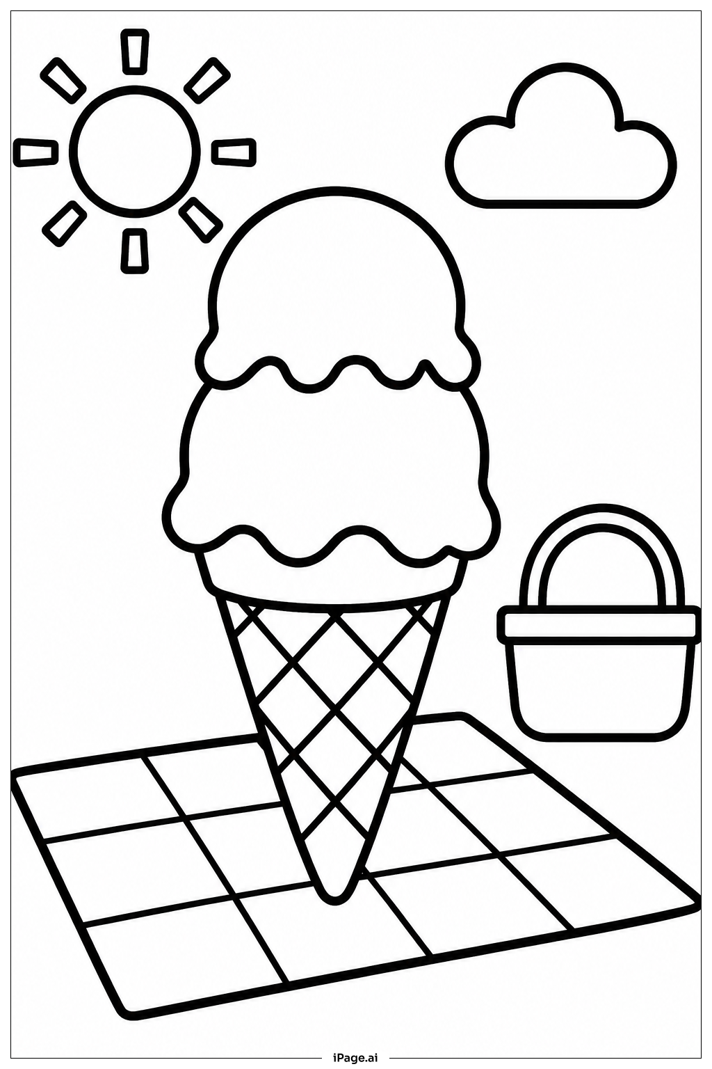  Ice Cream Cone Picnic Scene Coloring Page 