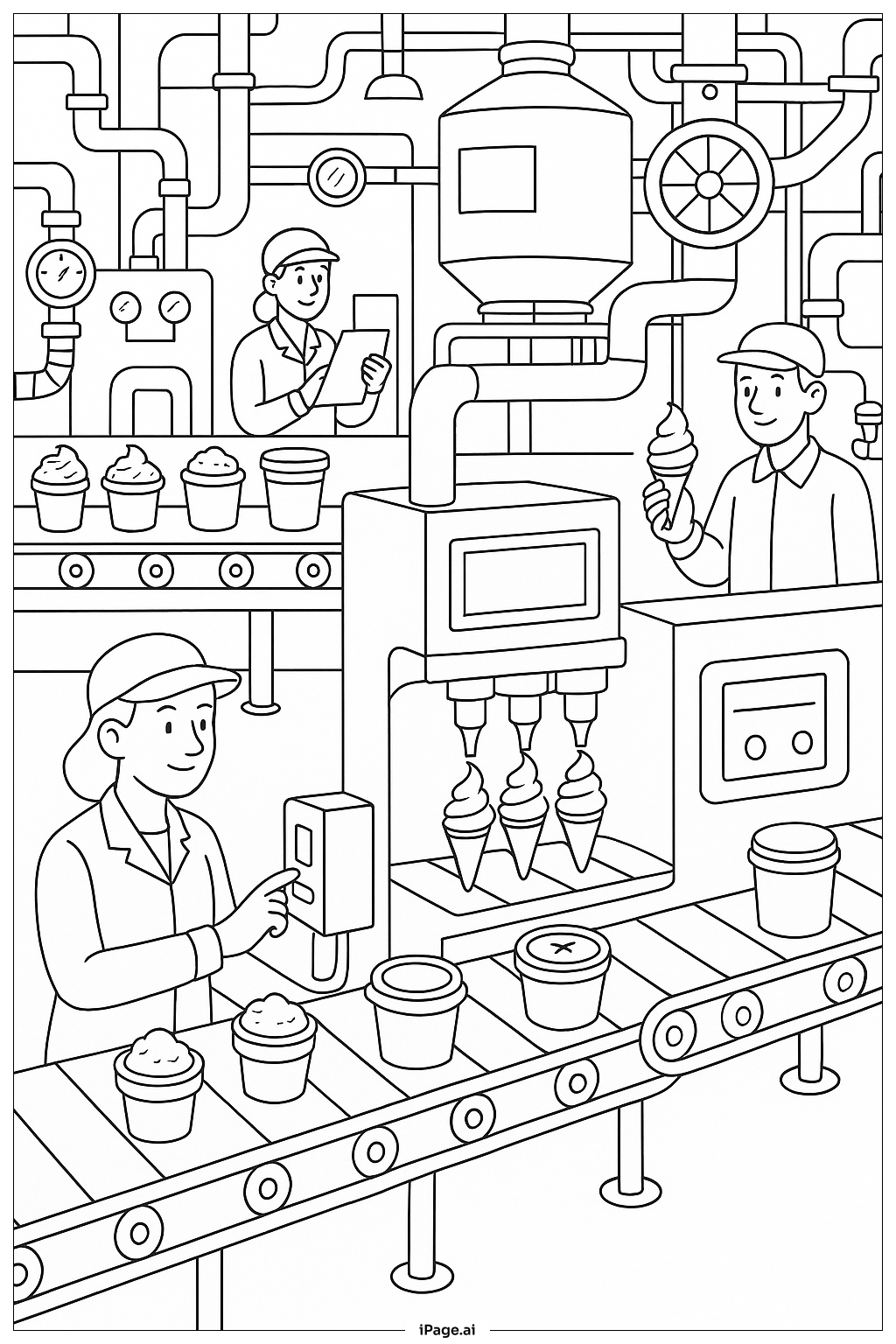  アイスクリーム工場見学の塗り絵ページ 