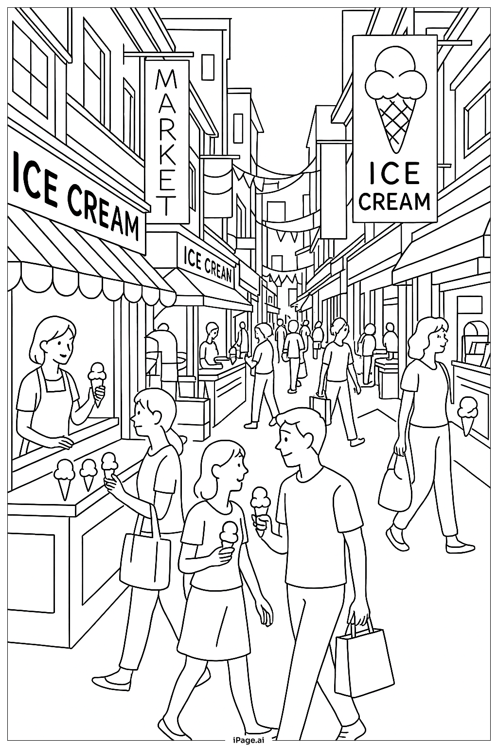  アイスクリームマーケットストリートの塗り絵ページ 