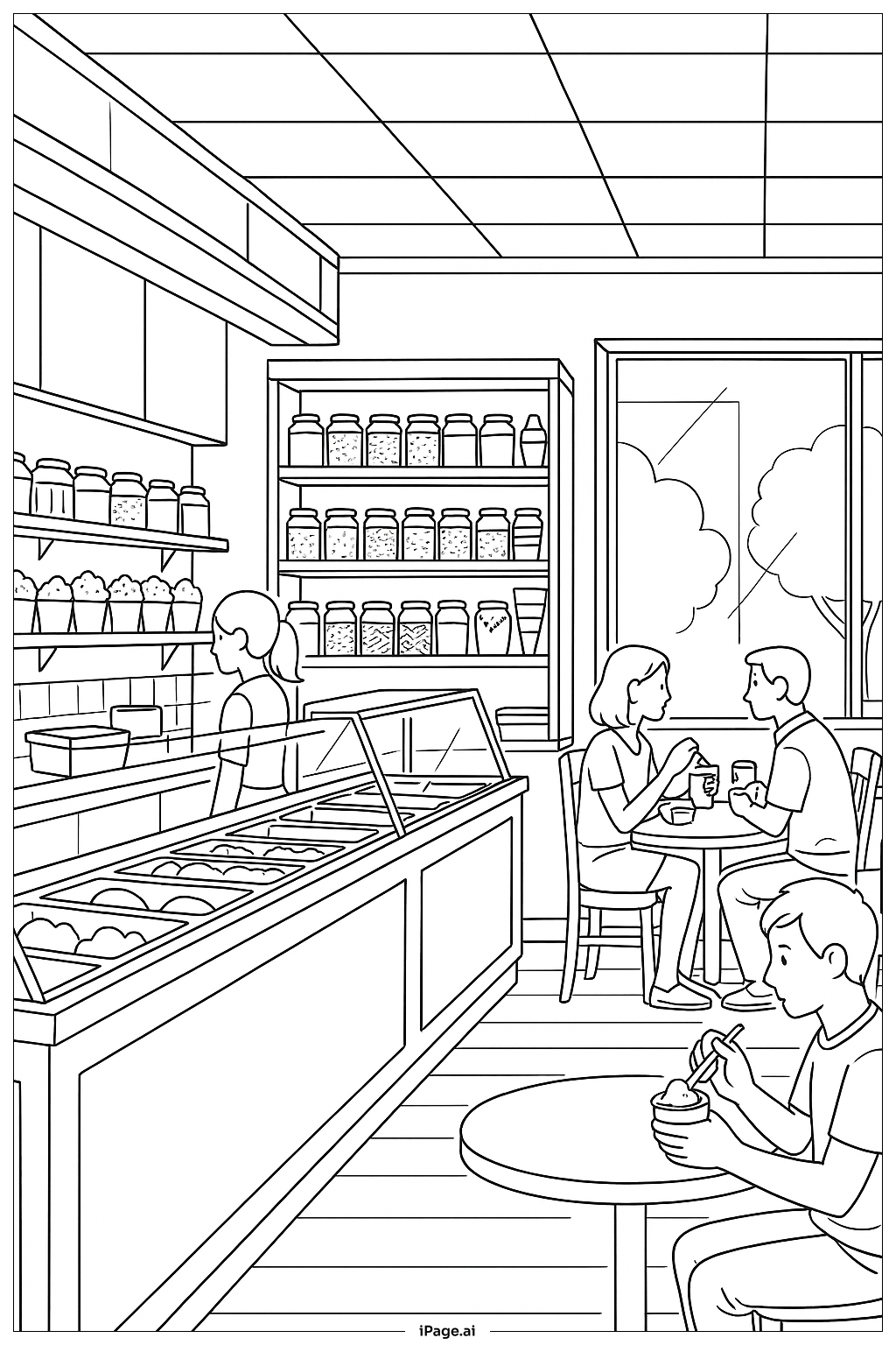  アイスクリームショップの内装の塗り絵ページ 