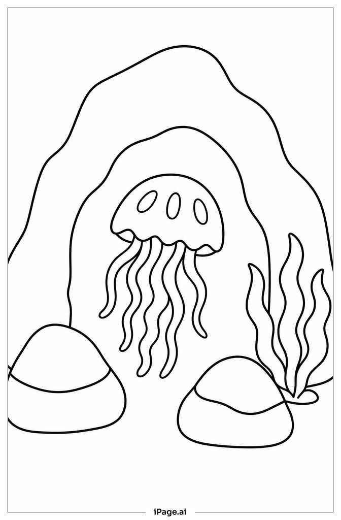 Jelly Fish By Sea Cave Coloring Page