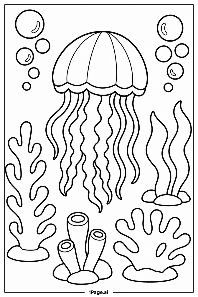 Página para colorear de Medusa en Jardín de Coral