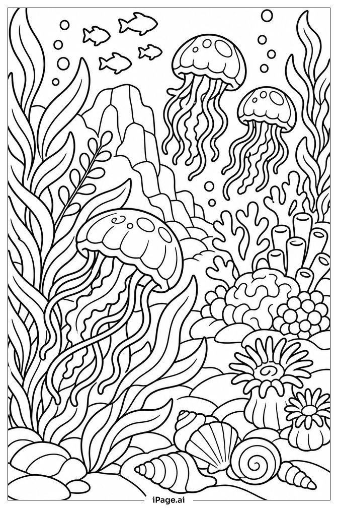 Jelly Fish Kelp Forest Coloring Page