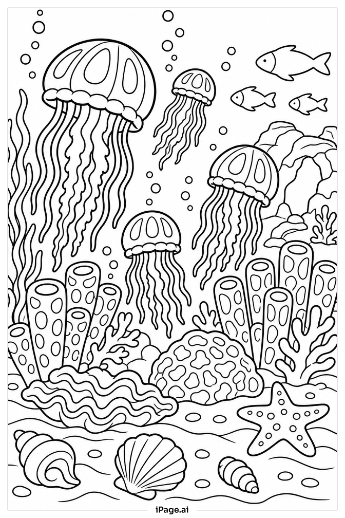Jelly Fish Reef Family Coloring Page