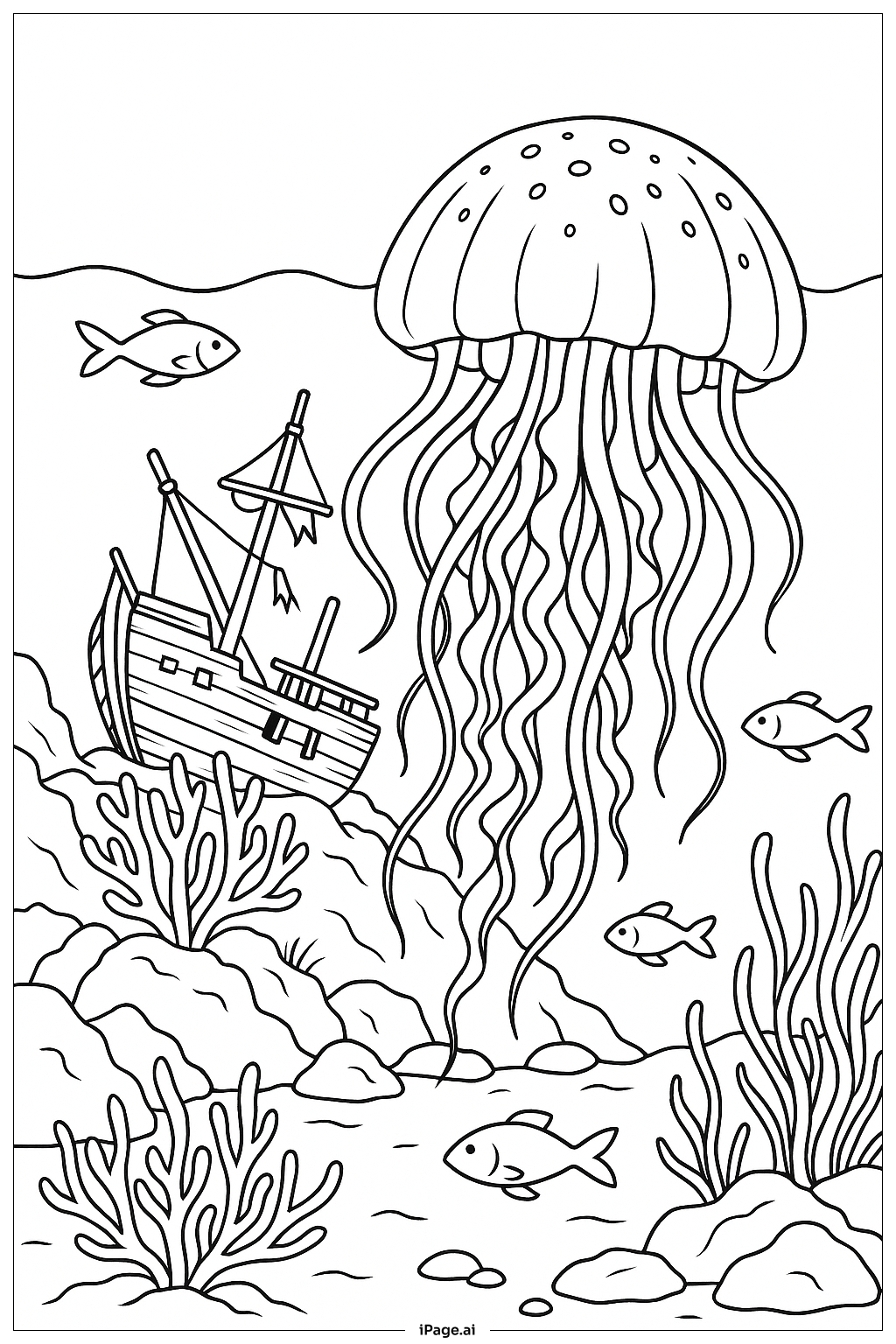 Jellyfish And Shipwreck Landscape Coloring Page 