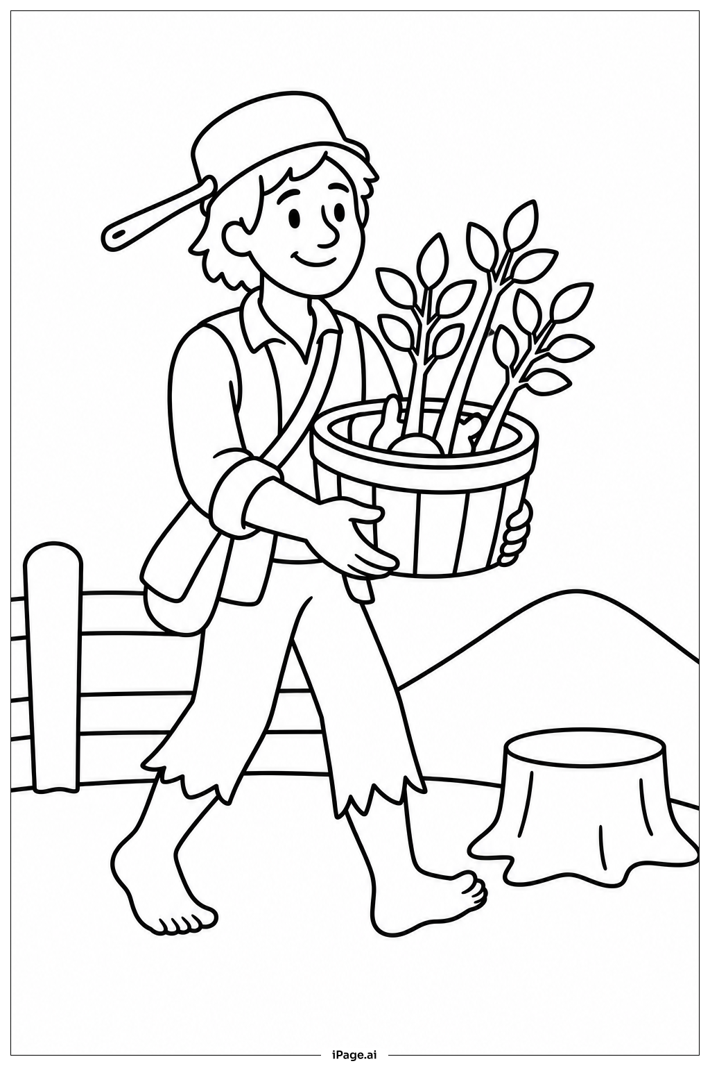 Johnny Appleseed mit Korb voller Setzlinge Ausmalseite