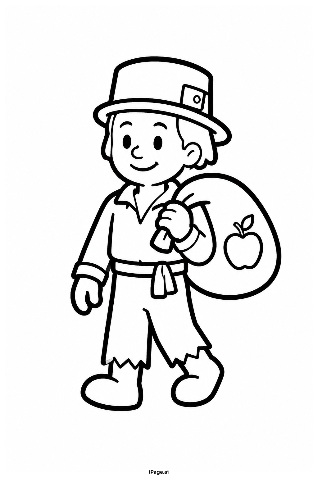 Página para colorear de Johnny Appleseed llevando bolsa de semillas