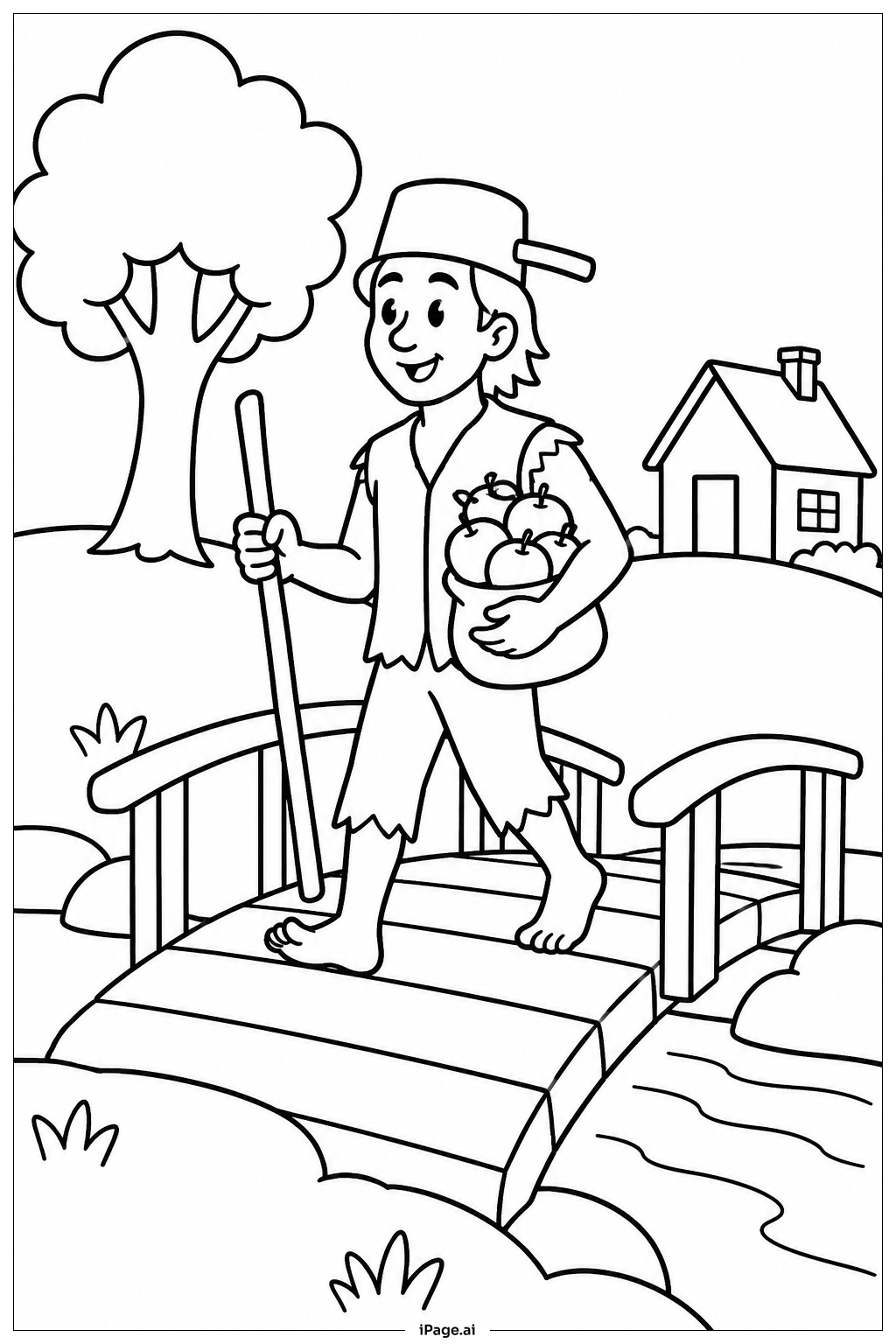 Página para colorear de Johnny Appleseed Cruzando Un Puente