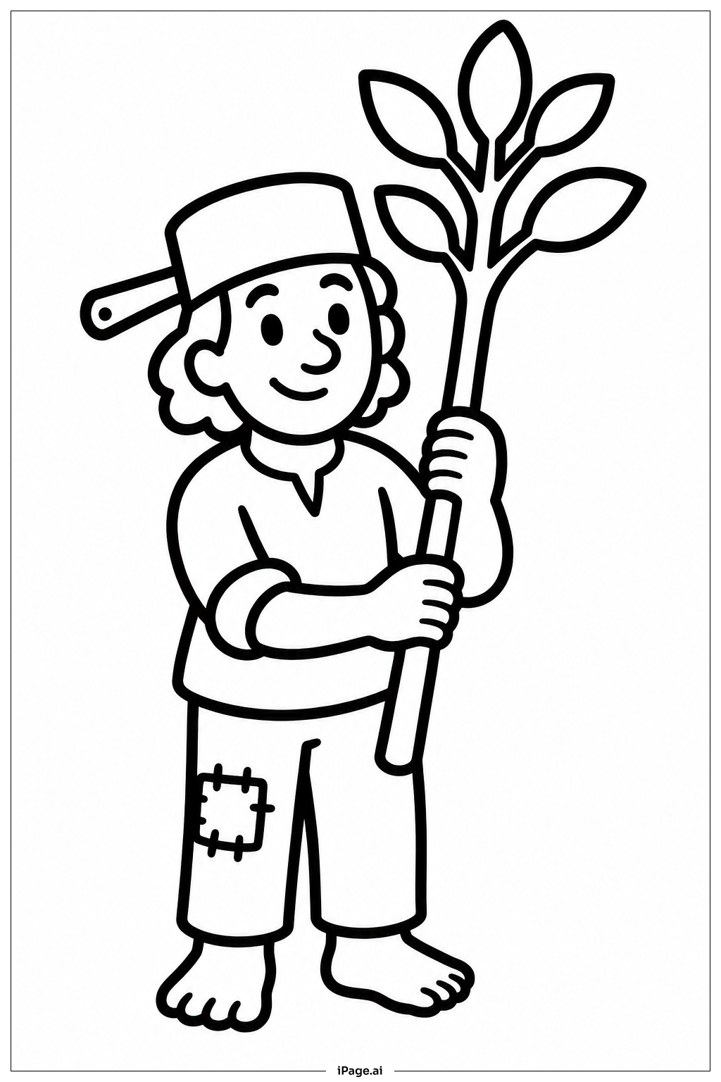 Página para colorear de Johnny Appleseed Sosteniendo Plantón