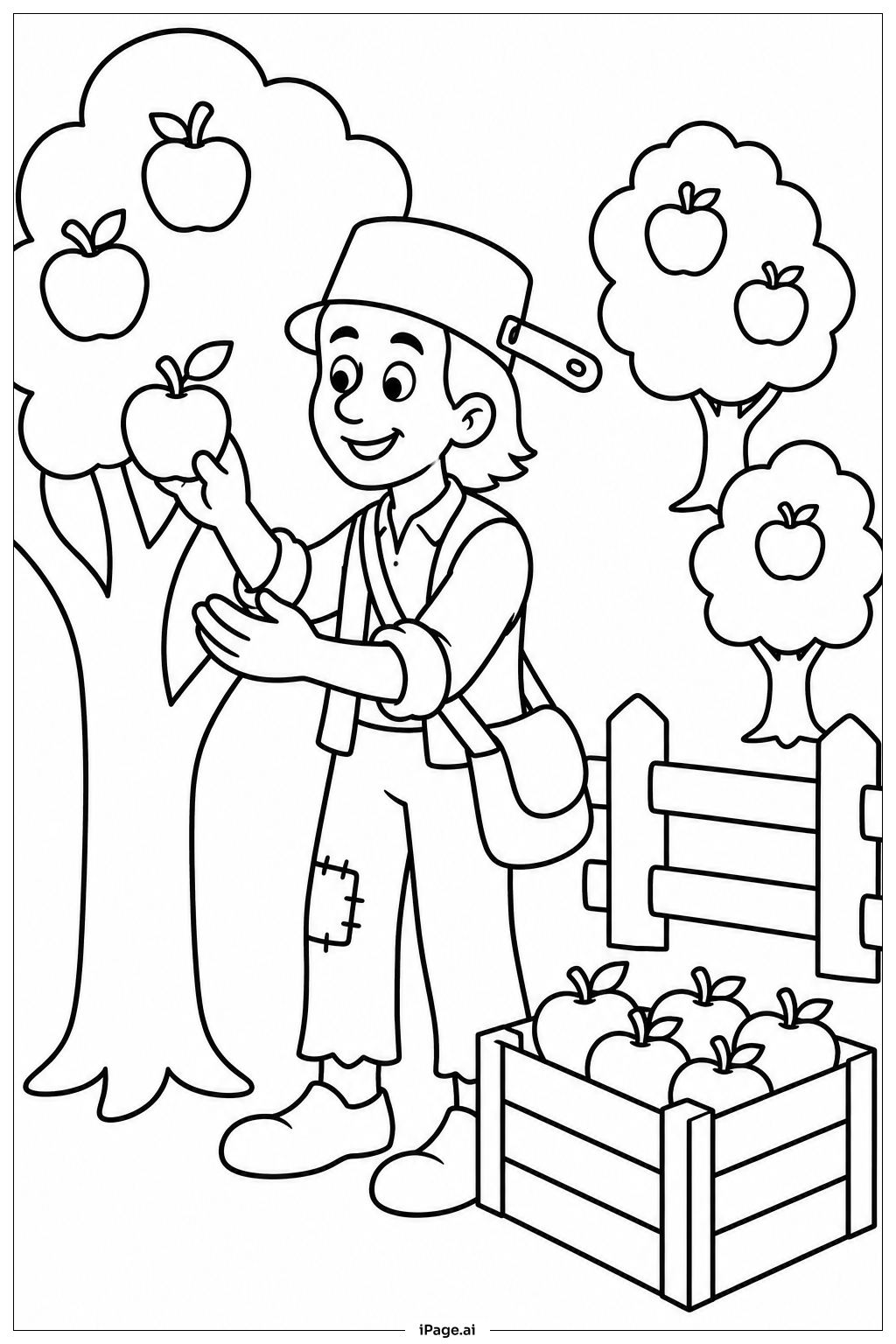 Johnny Appleseed im Apfelgarten Ausmalseite