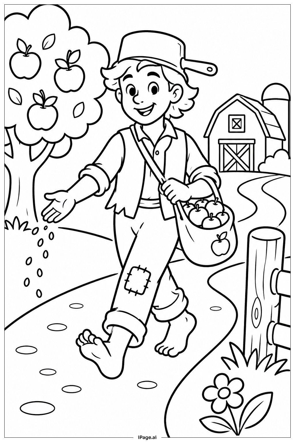  Johnny Appleseed On Country Lane Coloring Page 