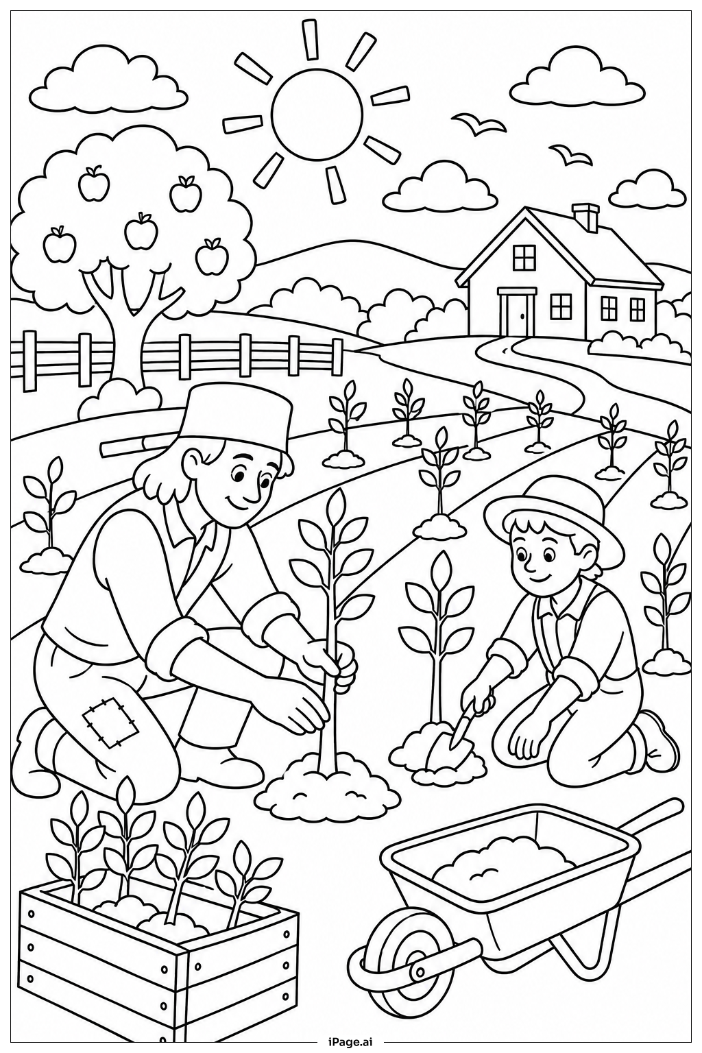Page de coloriage Johnny Appleseed Planting Apple Orchard Rows