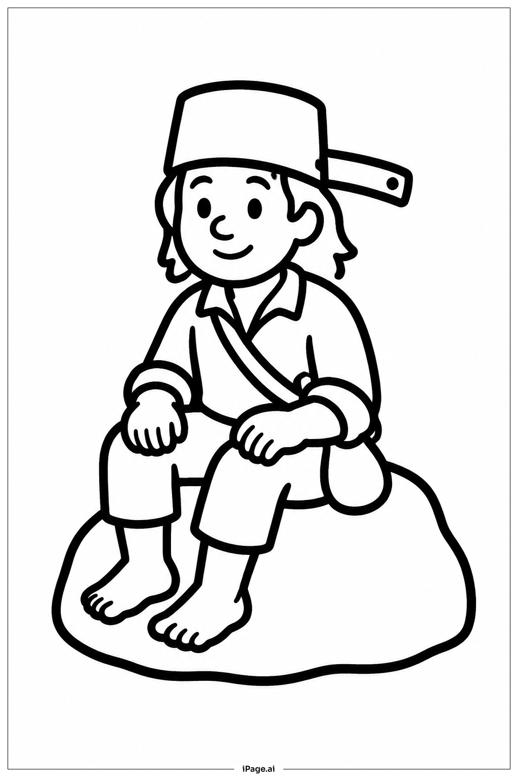 Página para colorear de Johnny Appleseed sentado en una roca