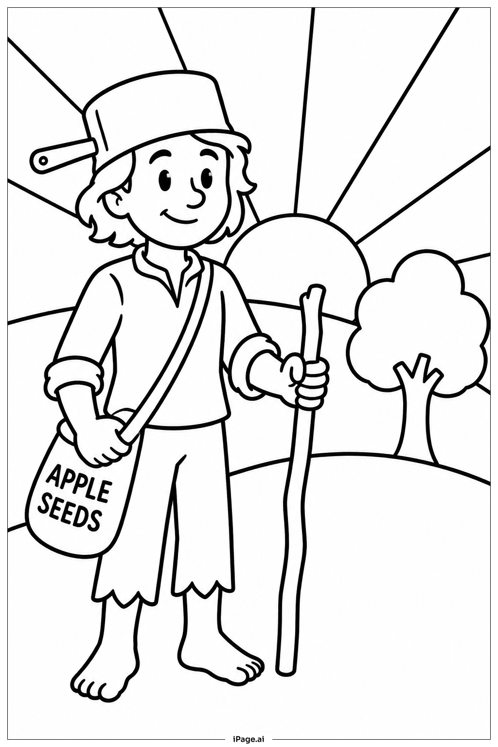 Page de coloriage Johnny Appleseed Sous le ciel du lever du soleil