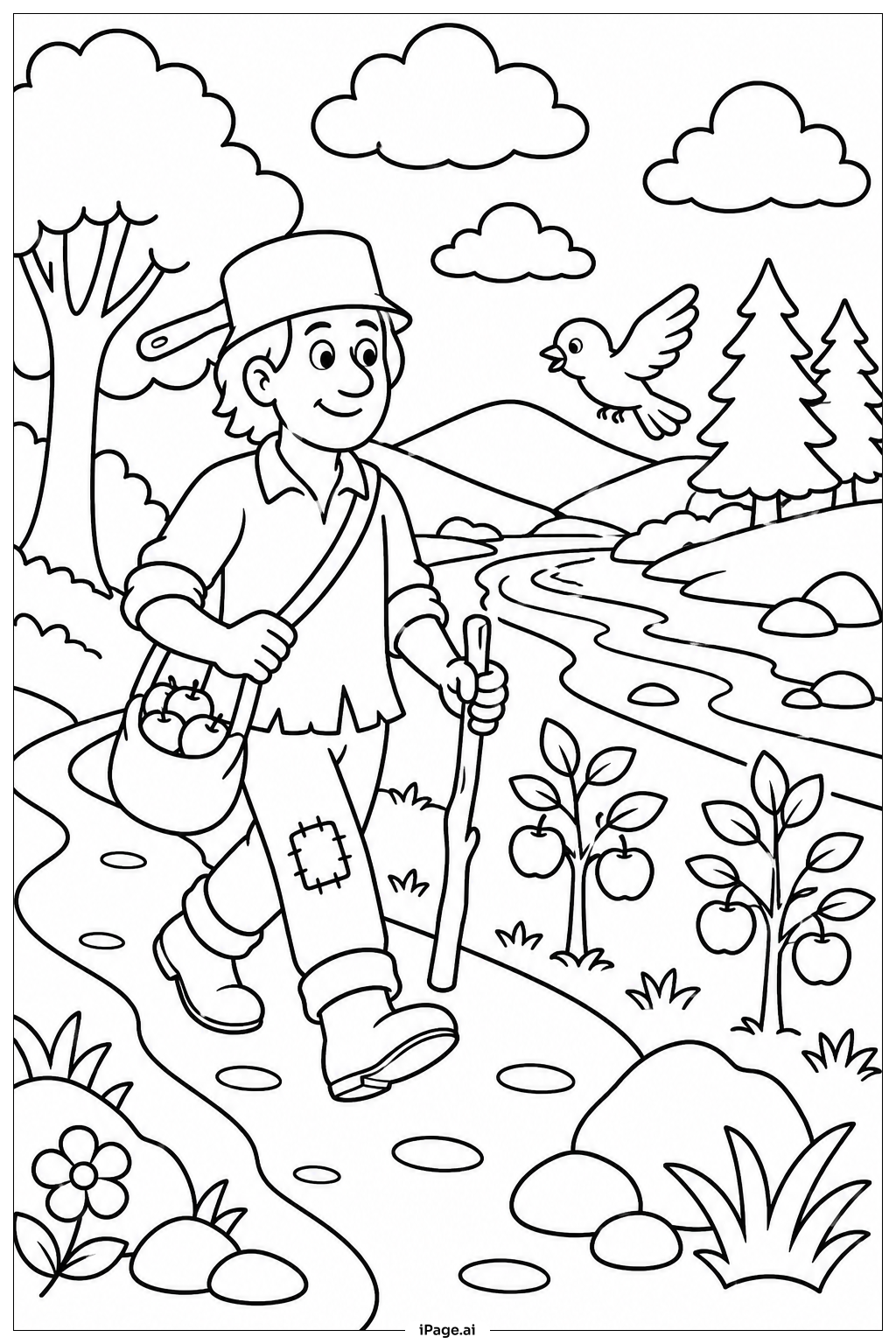  Trang tô màu Johnny Appleseed Đi Bộ Dọc Theo Thung Lũng Sông 