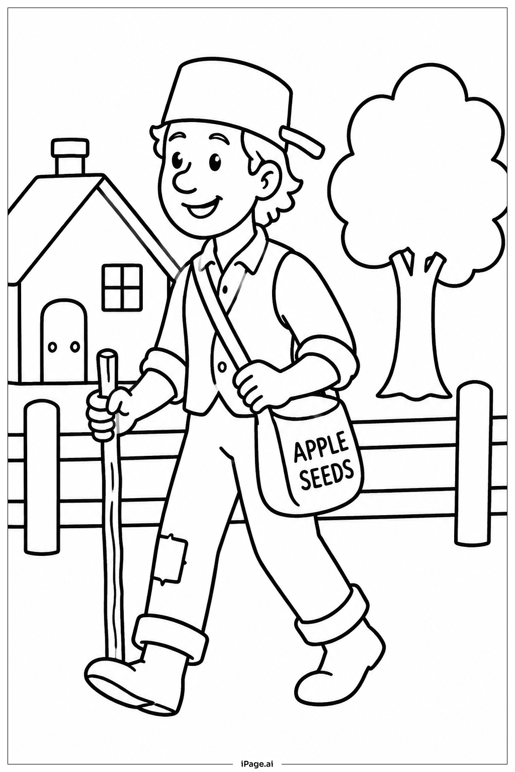  Johnny Appleseed Walking Through Village Coloring Page 
