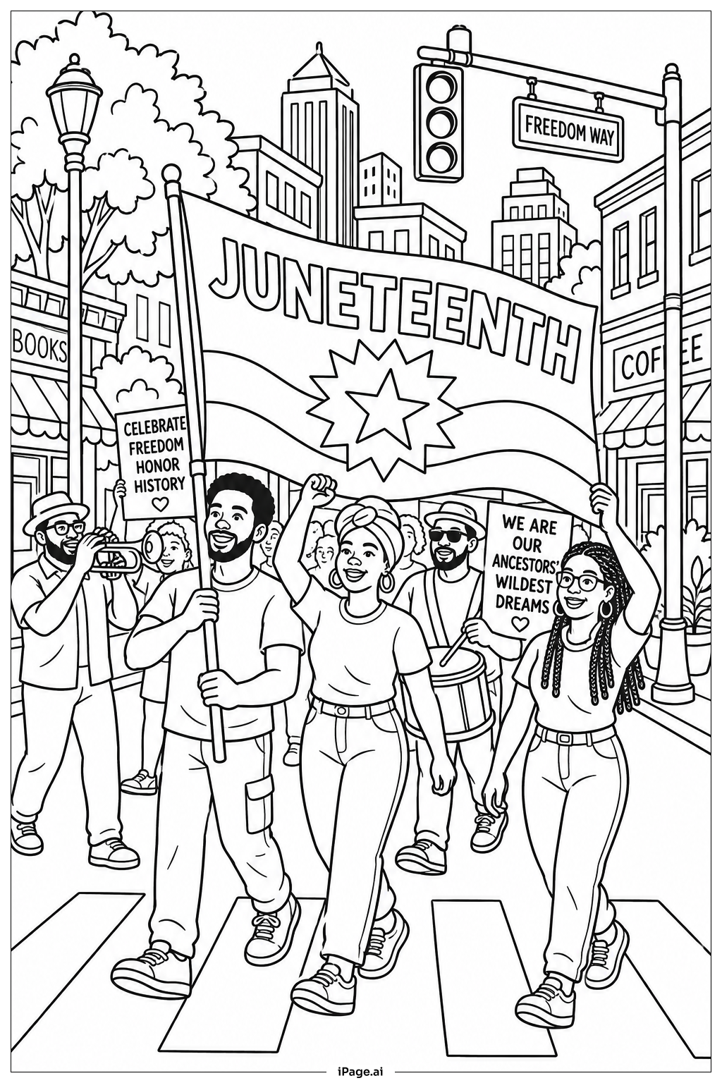 Page de coloriage Marche du drapeau Juneteenth au centre-ville