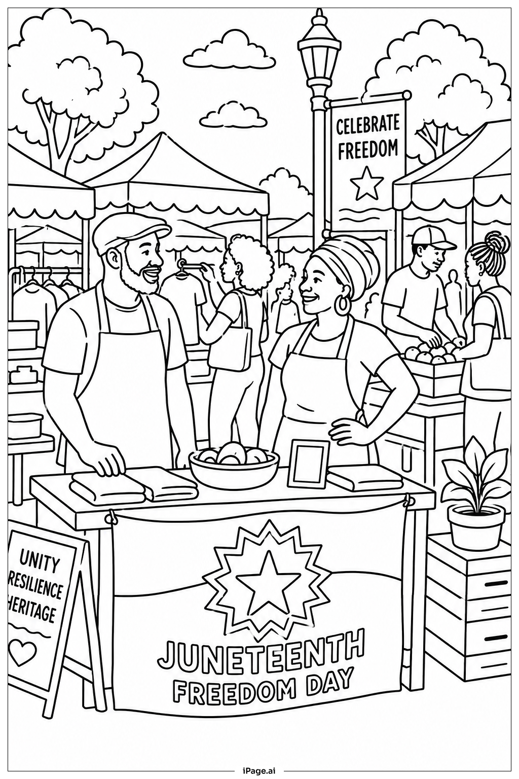 Page de coloriage Scène du marché avec le drapeau Juneteenth