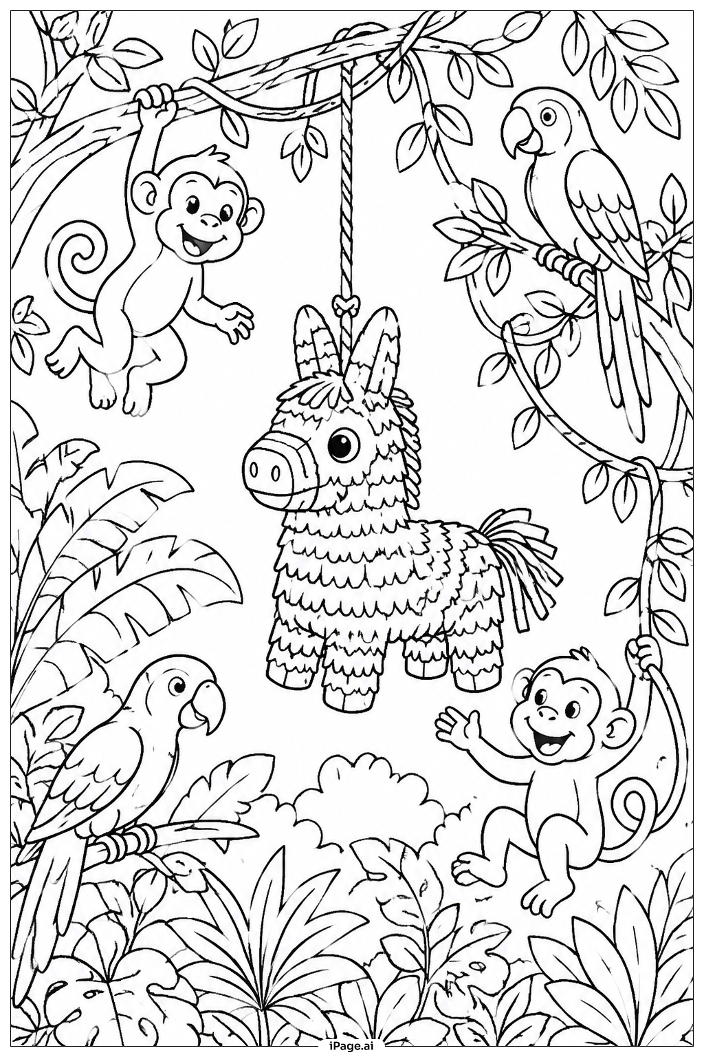 Página para colorear de Aventura de la piñata en la selva