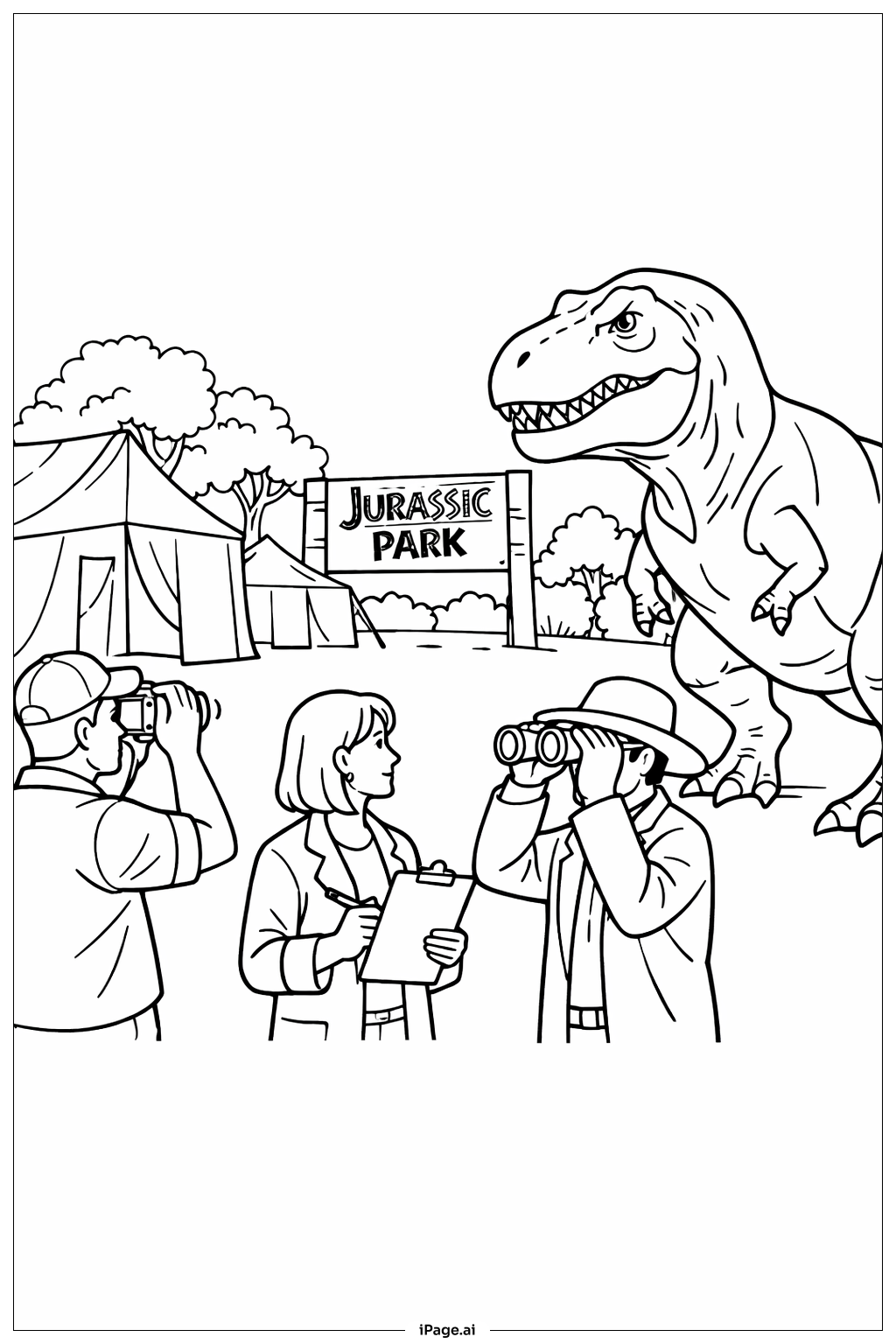  Jurassic Park Scientists and Dino Coloring Page 