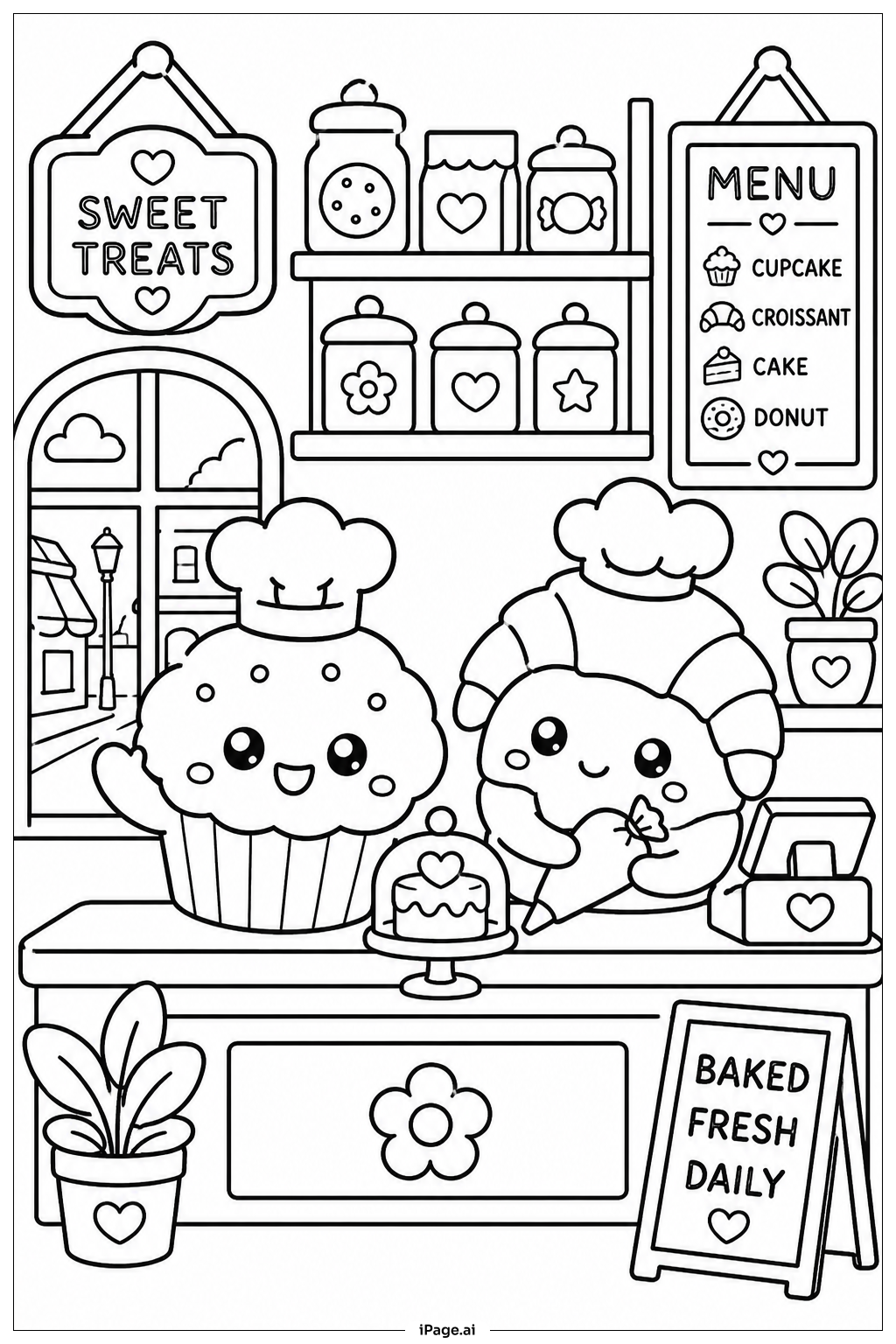Kawaii Bakery Display Coloring Page