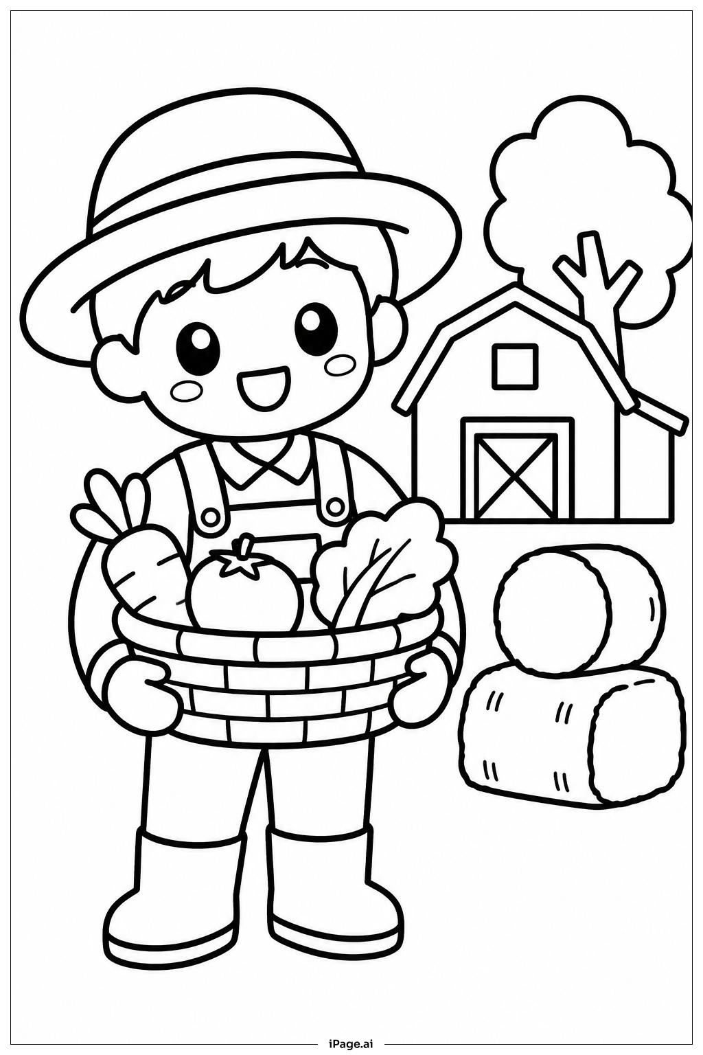 Page de coloriage Agriculteur Kawaii à la Récolte