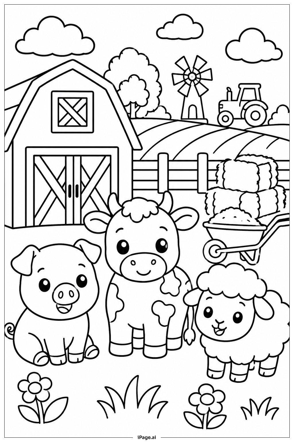 Kawaii Farmyard Friends Coloring Page