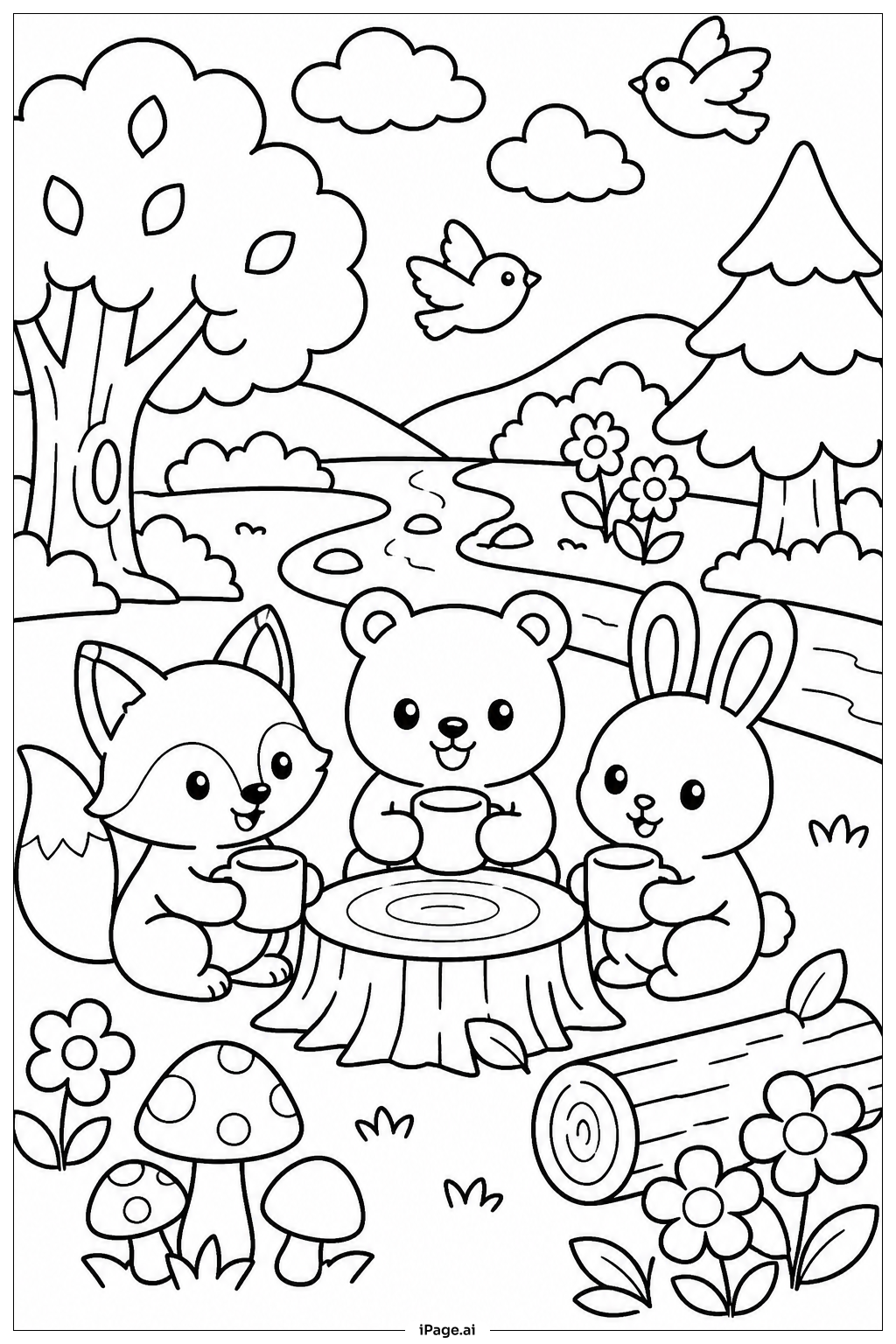 Kawaii Forest Friends Gathering Coloring Page