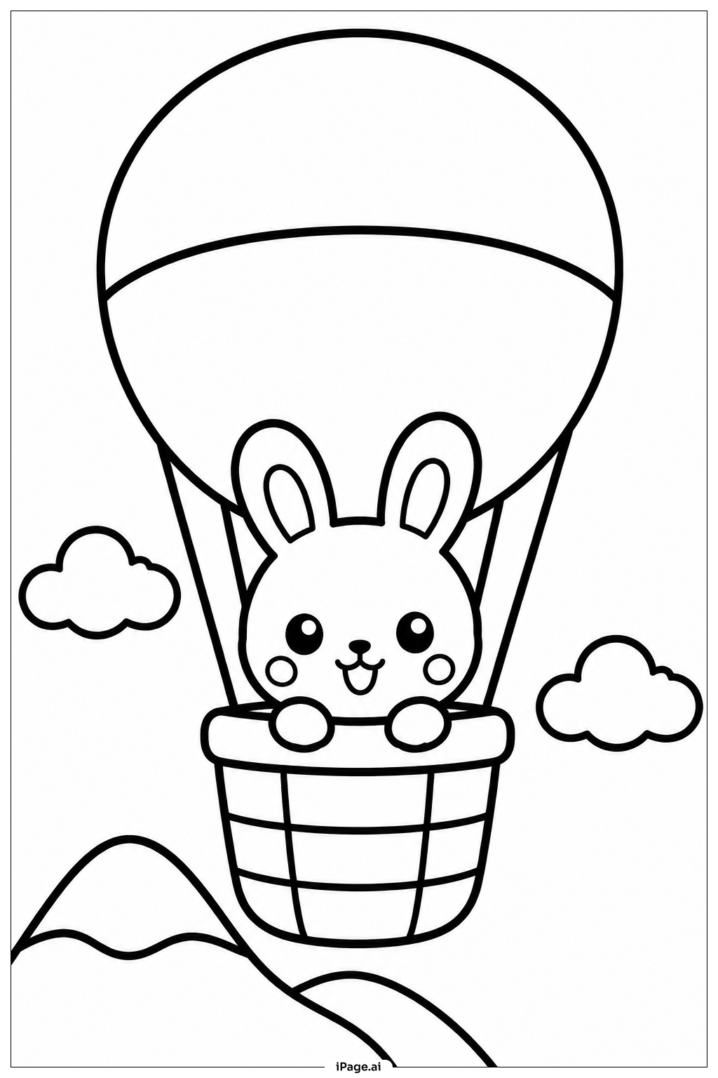 Page de coloriage Aventure Kawaii en montgolfière