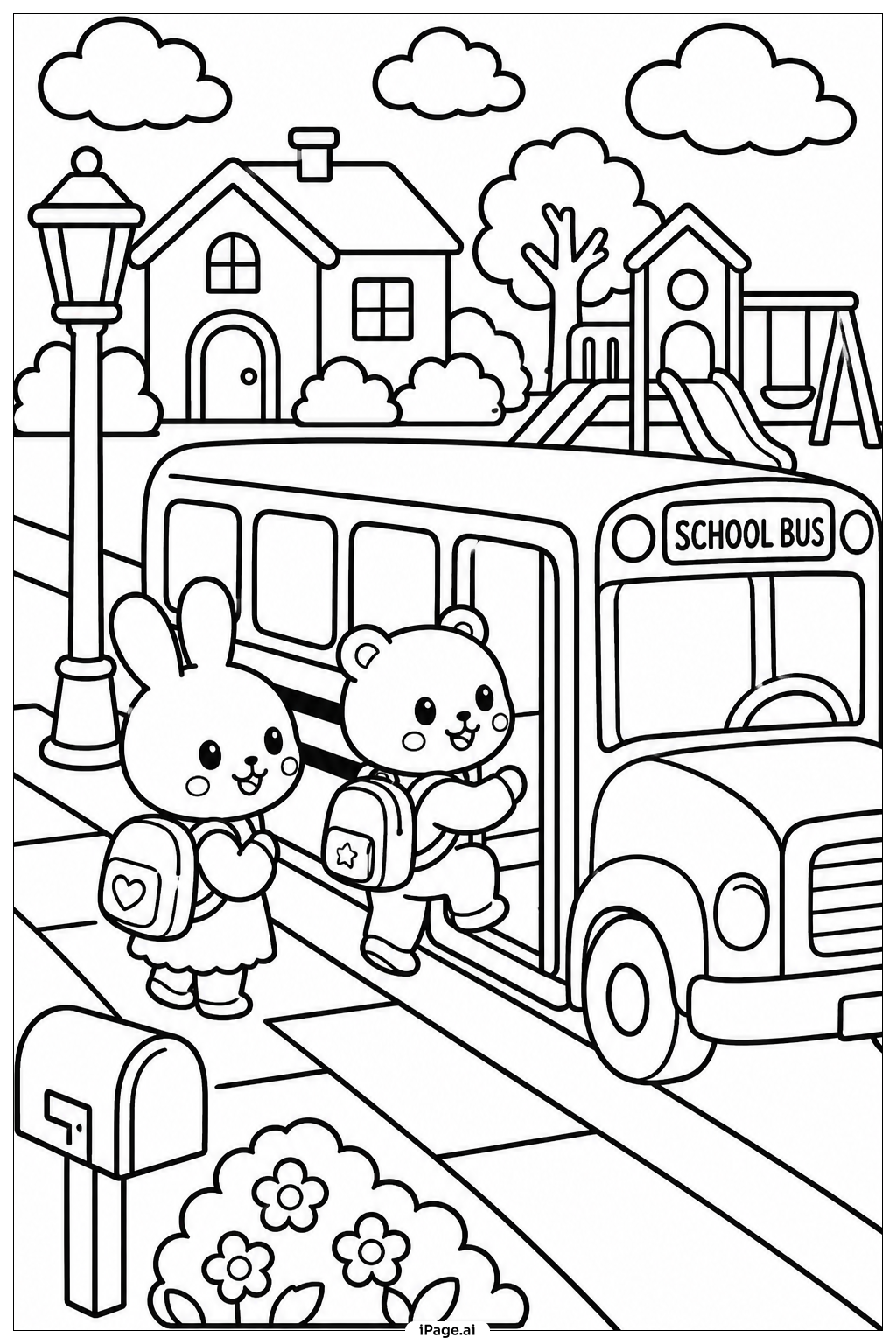 Kawaii School Bus Ride Coloring Page