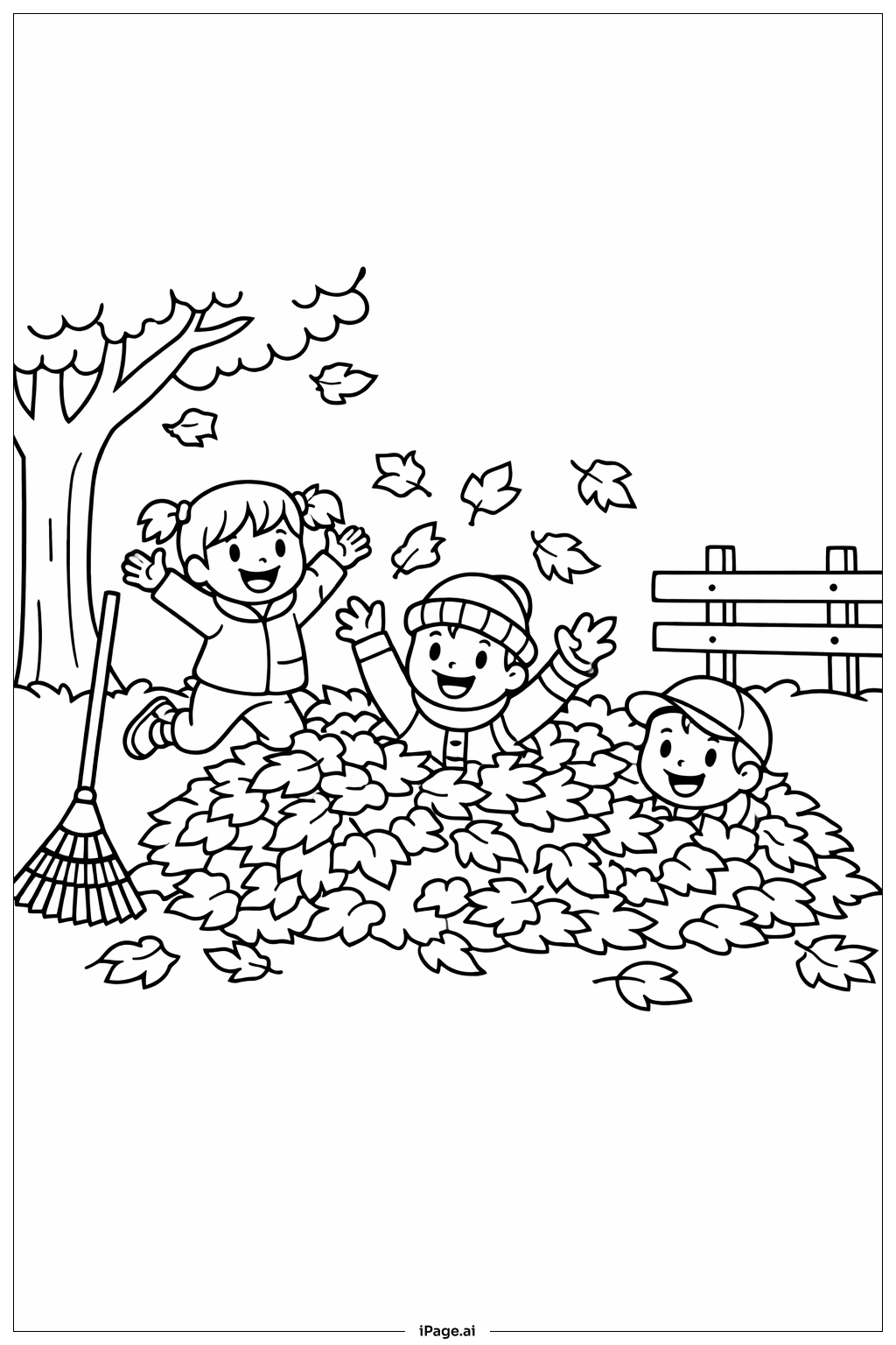  小朋友與秋天落葉堆著色頁 