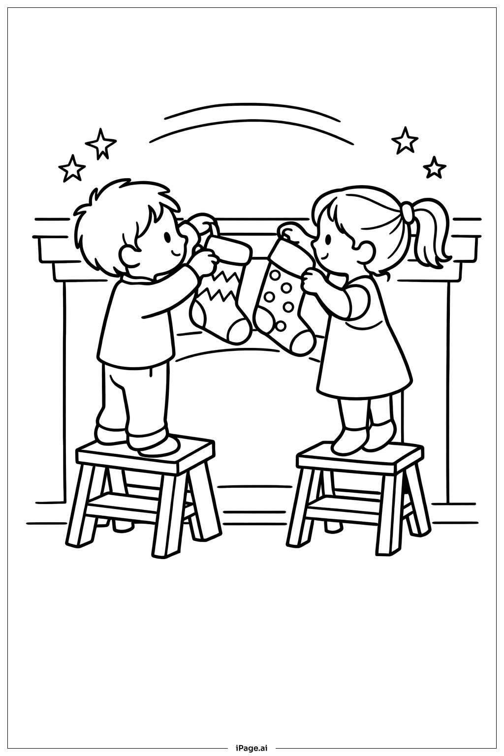  Kinder hängen Weihnachtssocken auf Ausmalseite 