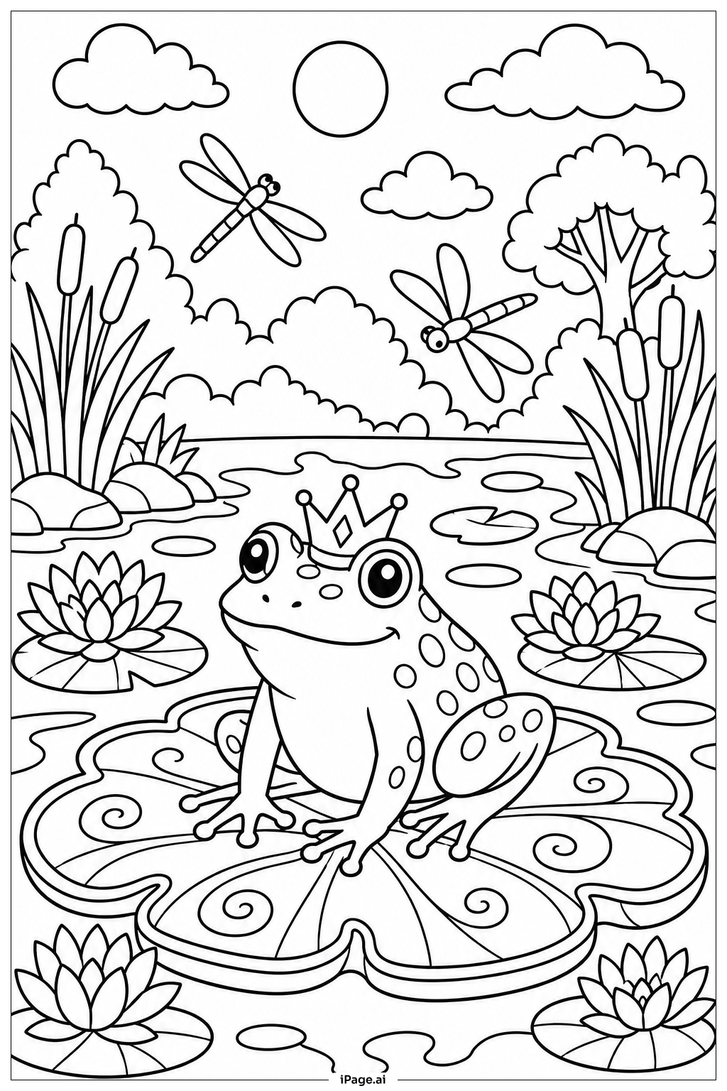  König Frosch auf königlicher Seerosenblatt Ausmalseite 