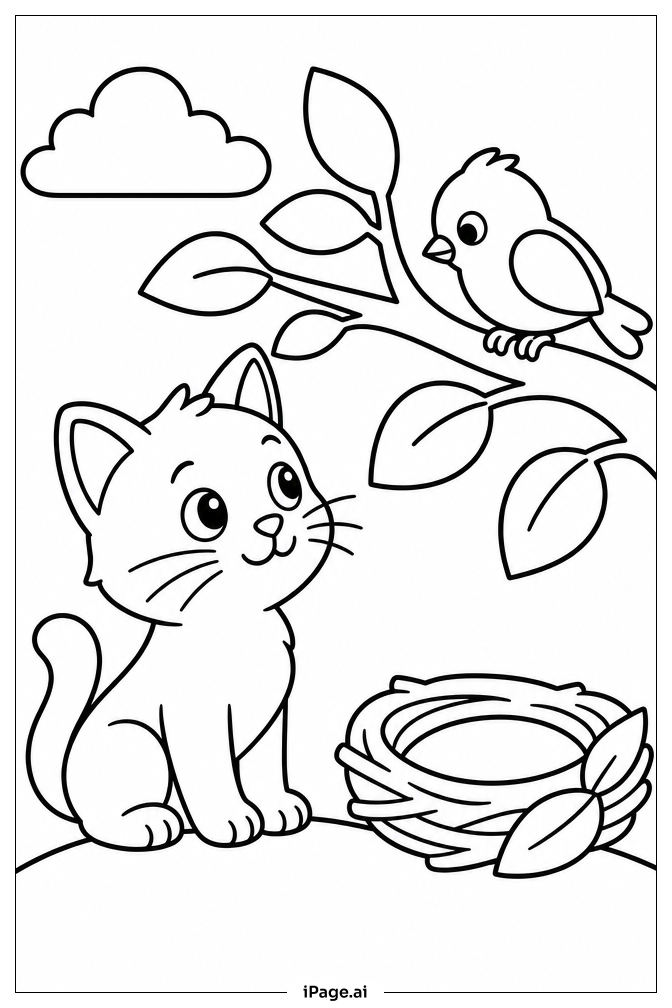 Page de coloriage Chaton et oiseau