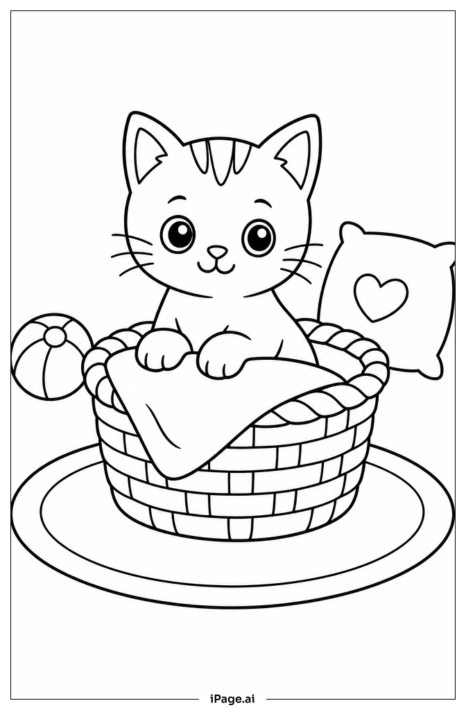 Page de coloriage Chaton dans un panier avec une couverture
