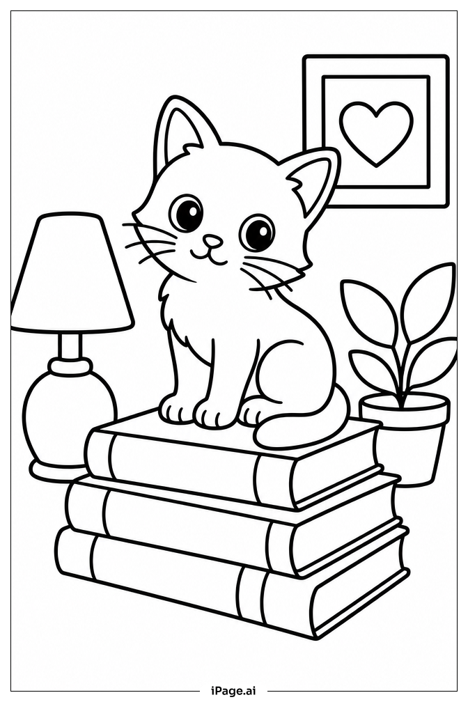 Page de coloriage Chaton sur des livres