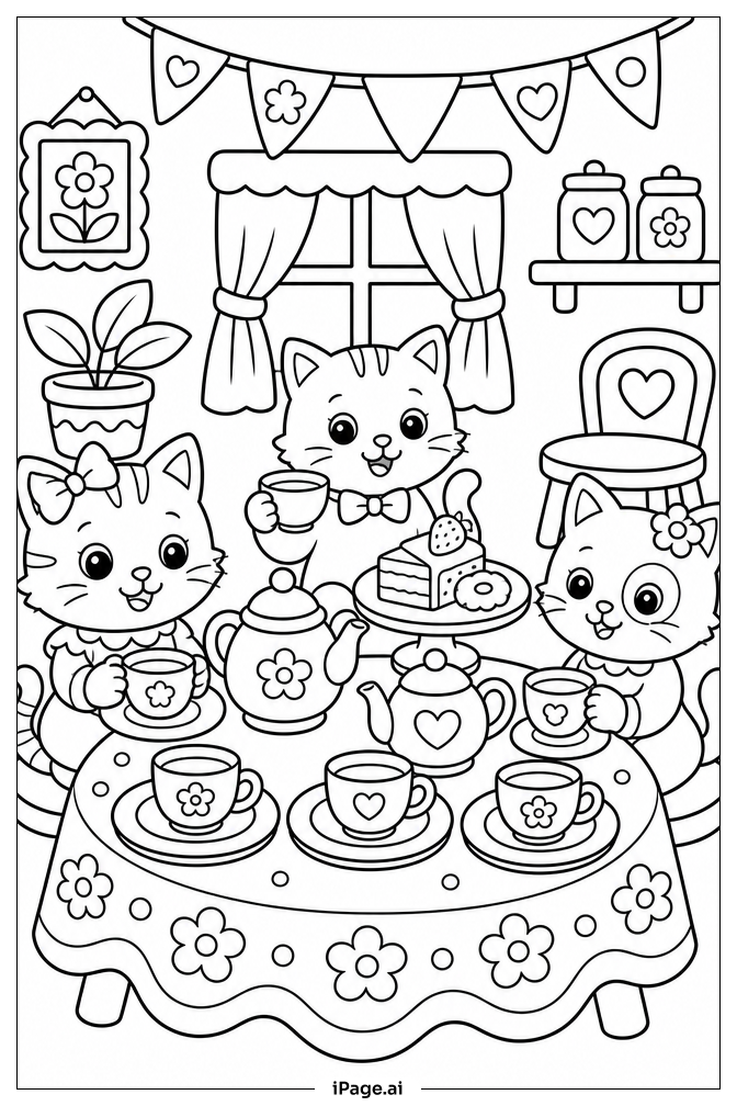 Página para colorear de Fiesta de té de Gatito