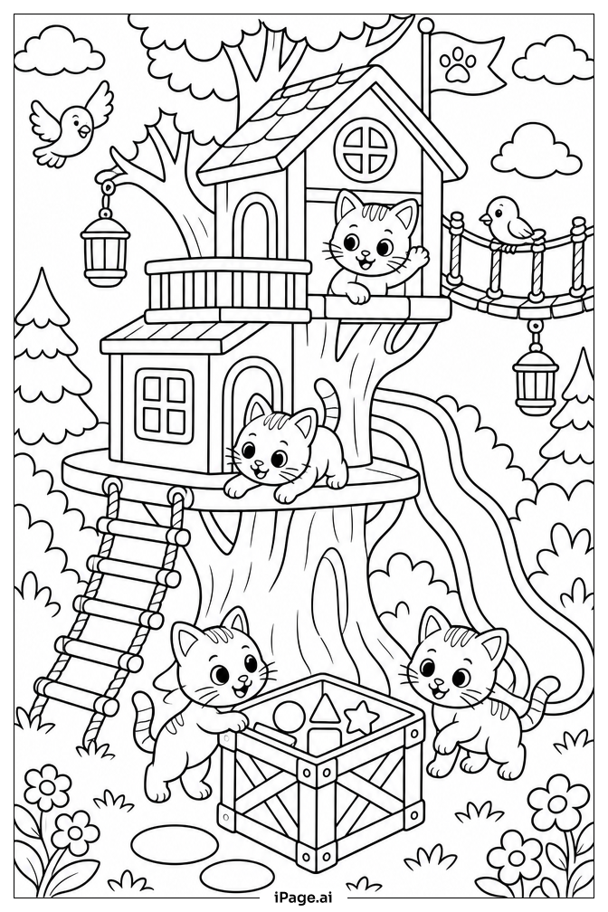 子猫のツリーハウス冒険の塗り絵ページ