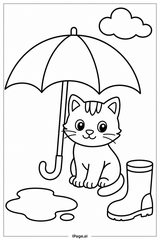Kitten Under Umbrella Coloring Page