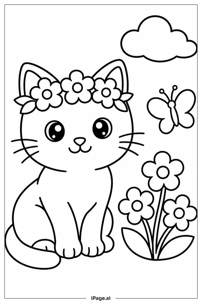 Kitten With Flower Crown Coloring Page