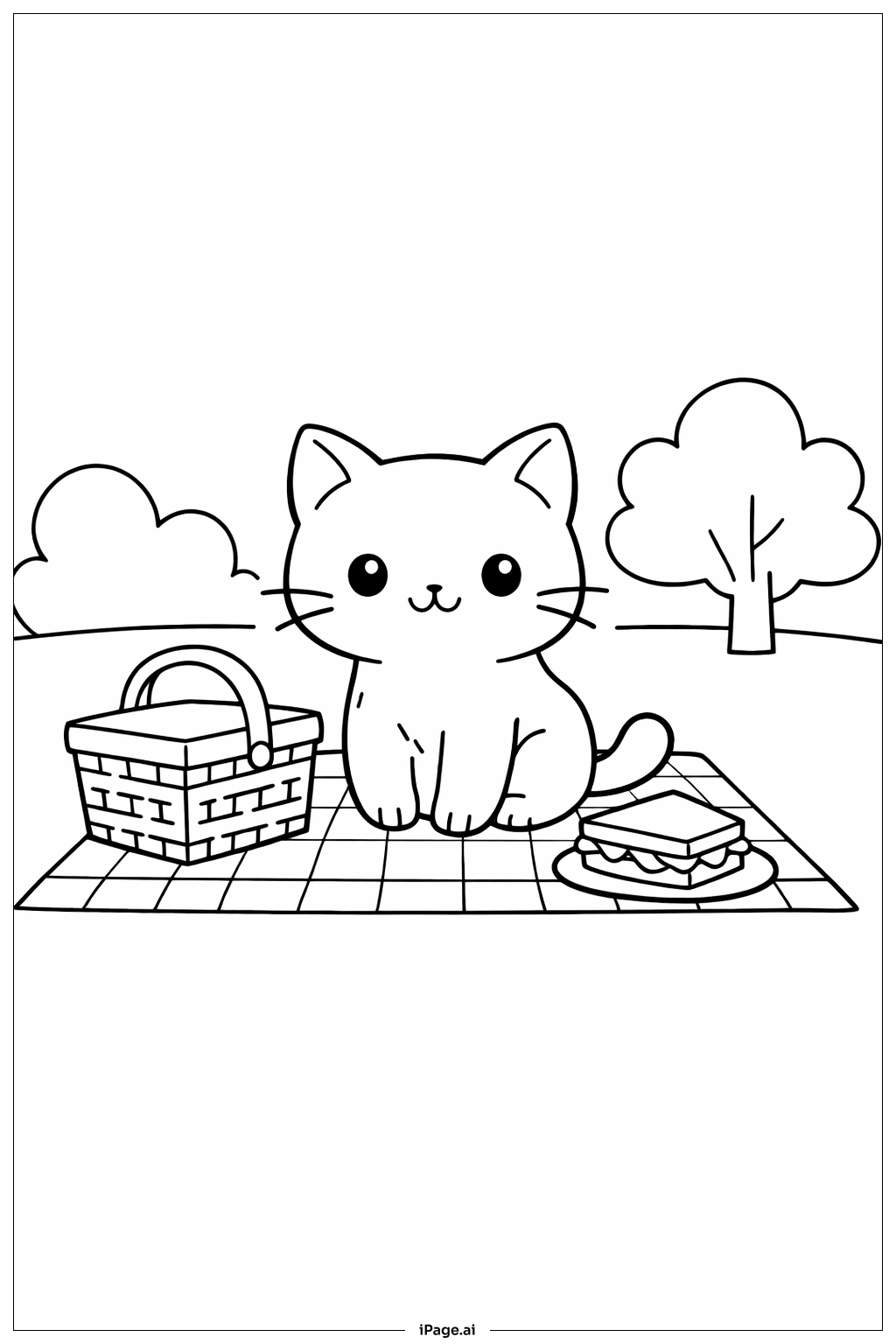 Kitty Cat At Picnic Coloring Page