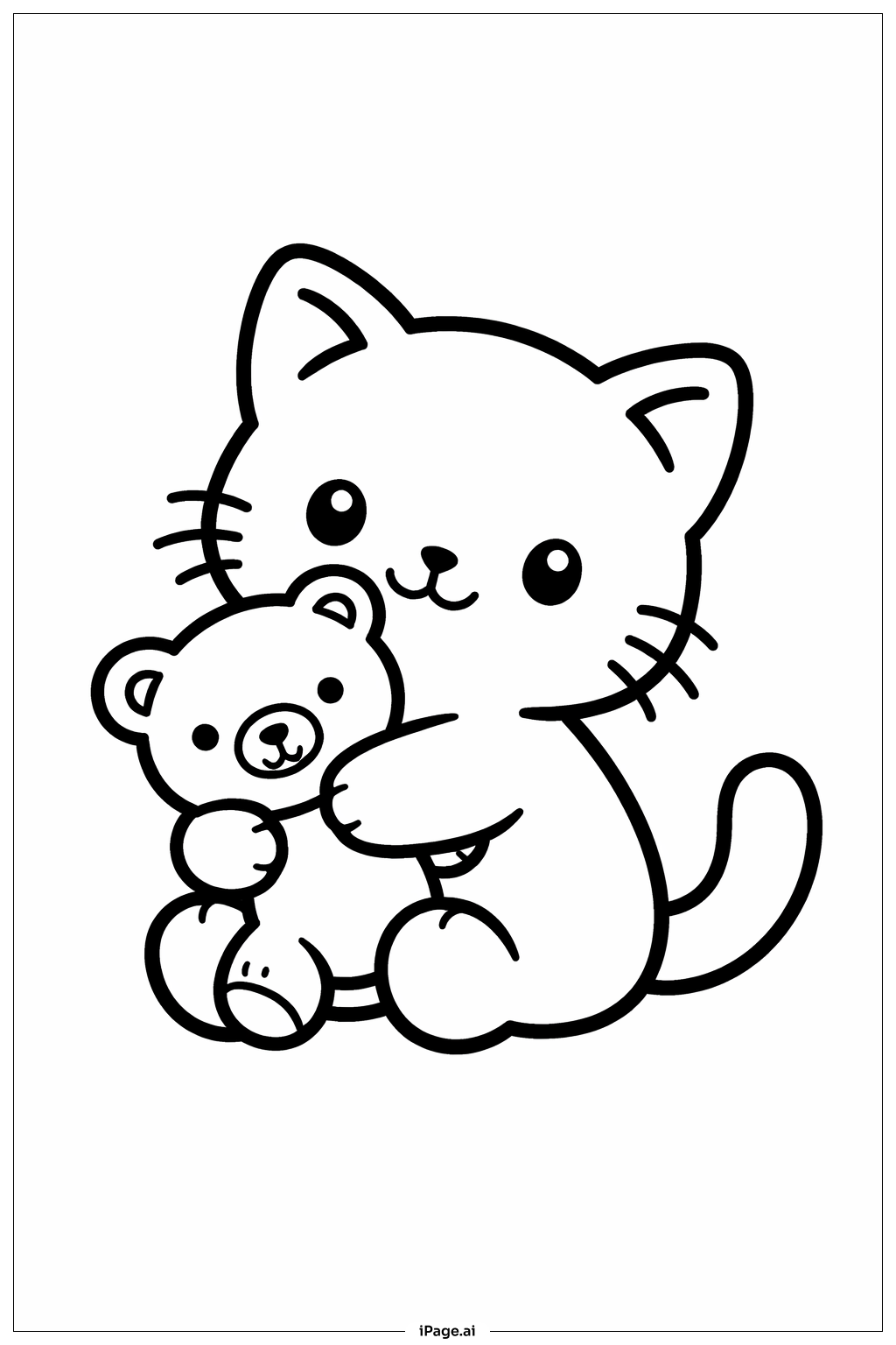 Kitty Cat Hugging Teddy Coloring Page