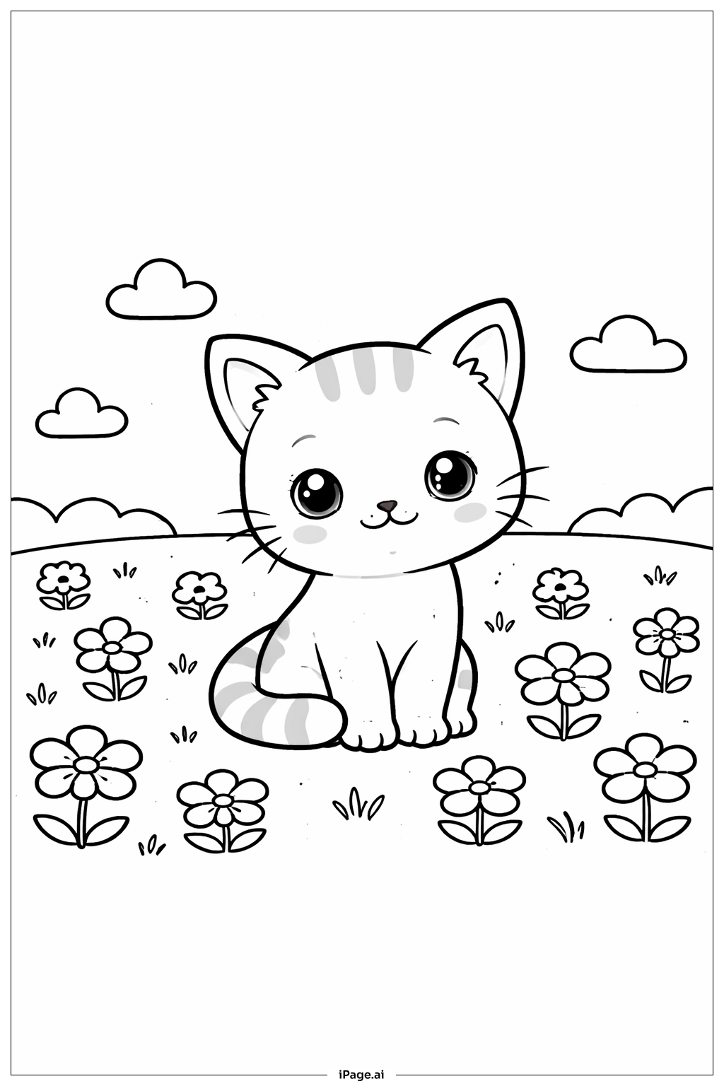 Kitty Cat In Flower Field Coloring Page