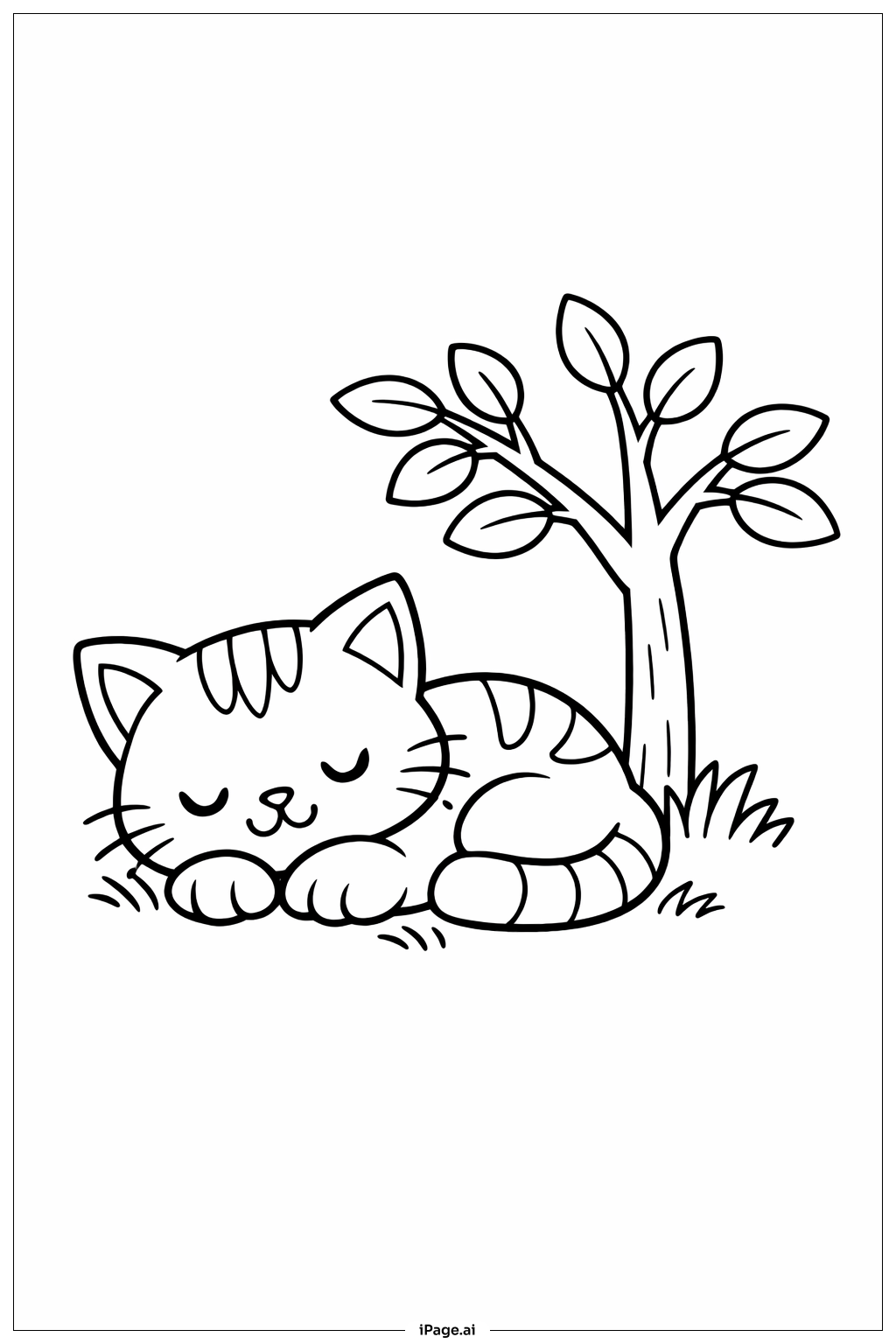 Kitty Cat Under Tree Coloring Page