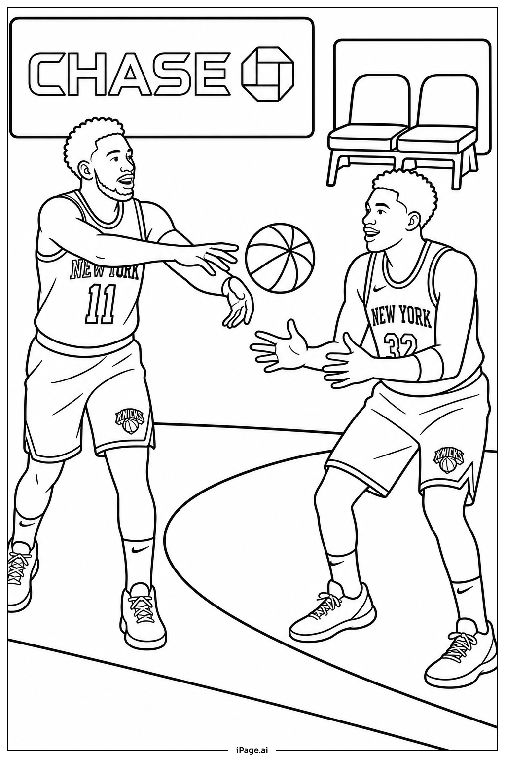 Página para colorir de Knicks Dois Jogadores Passando a Bola