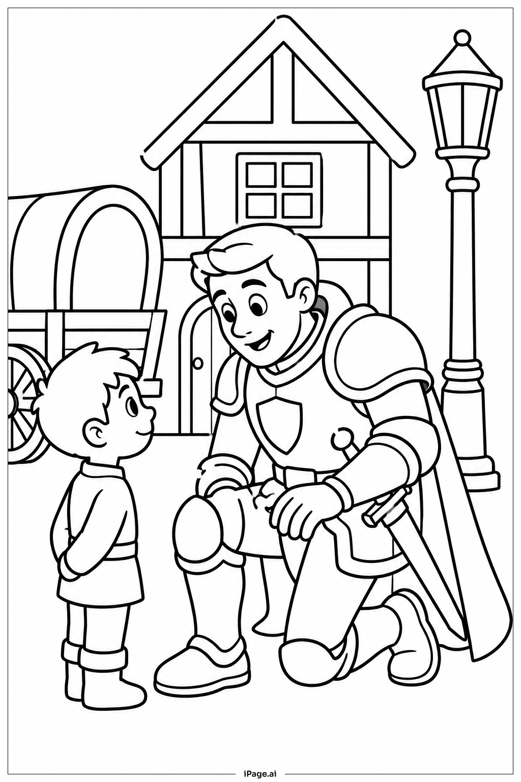 Knight And Village Child Coloring Page