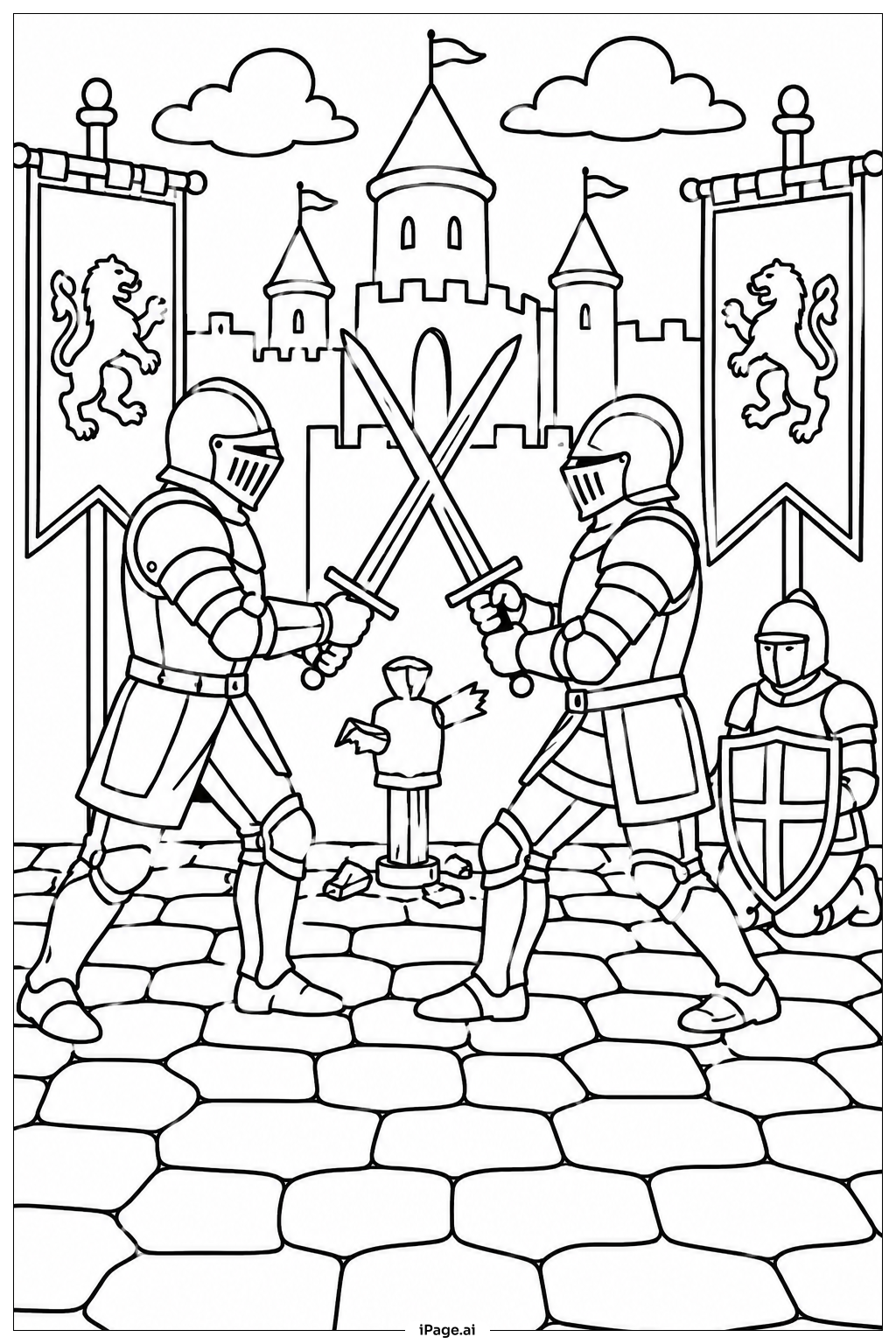 Page de coloriage Duel de chevalier et dragon