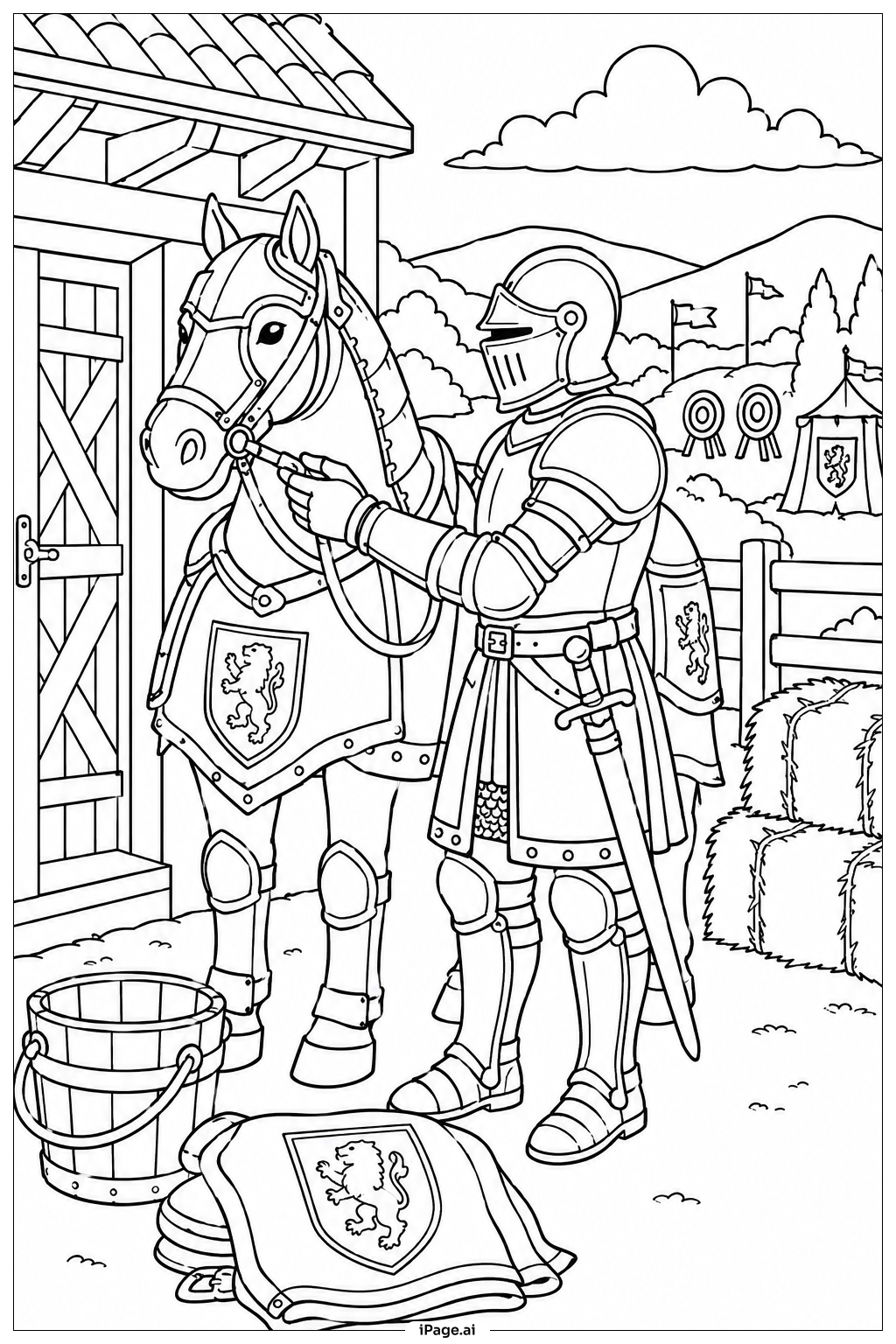  Página para colorear de Caballero con corcel 