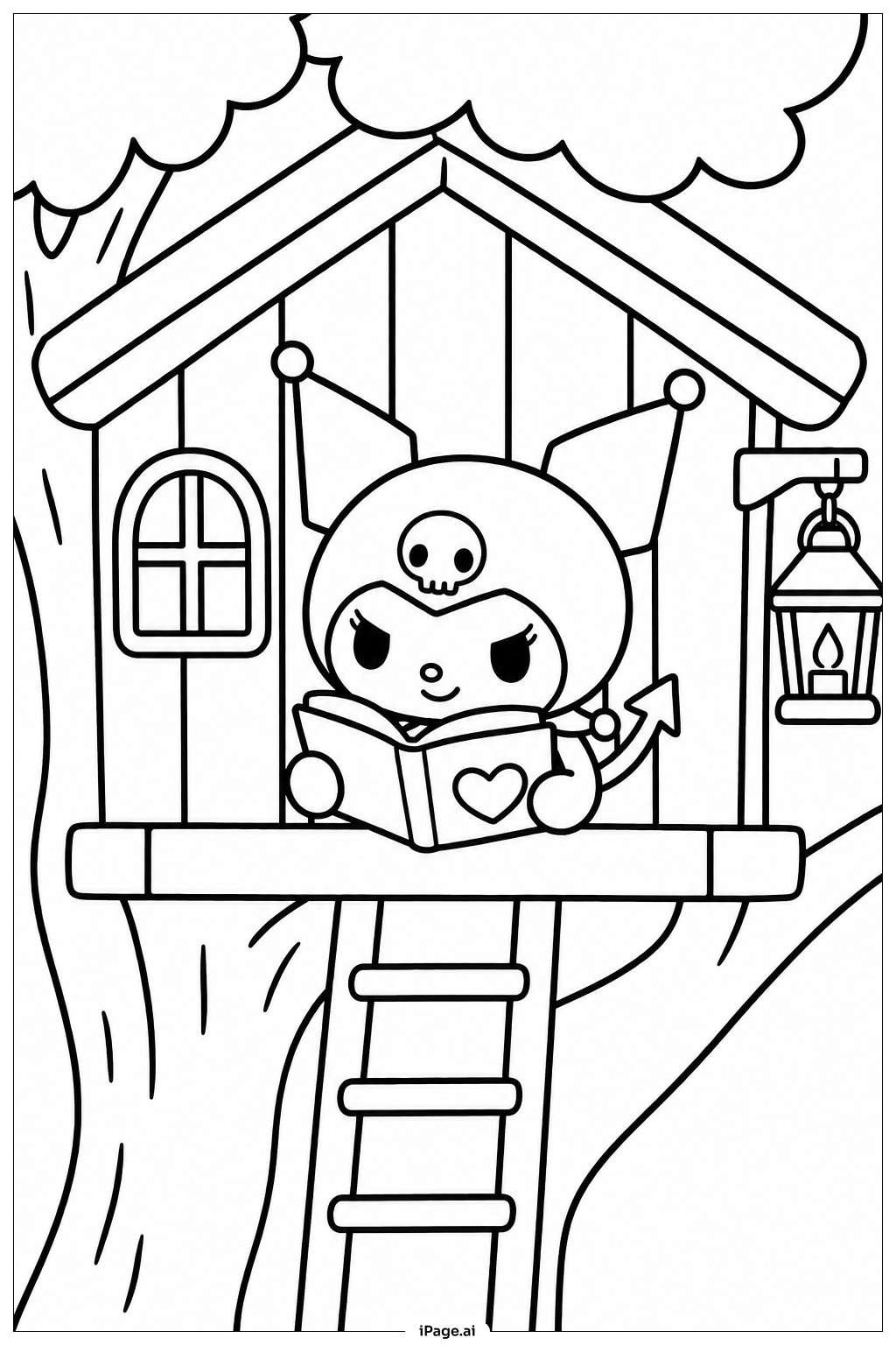 Página para colorir de Kuromi Na Casa na Árvore