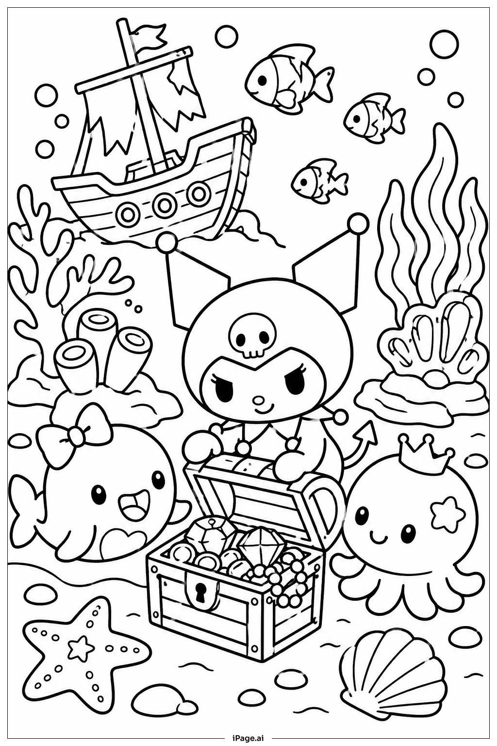 Kuromi Underwater Journey Coloring Page